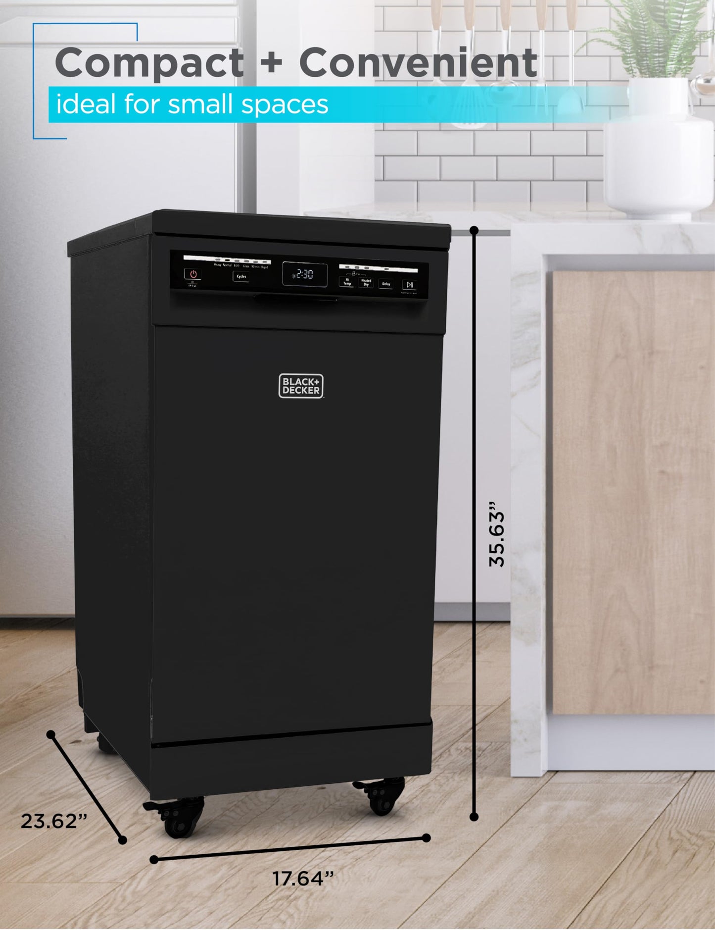 BLACK+DECKER 18-Inch Portable Dishwasher, 8-Place Setting Capacity, Mobile Dish Washer with 6 Wash Programs, LED Display, Stainless Steel Tub, ENERGY STAR Certified, BPD8B, Black