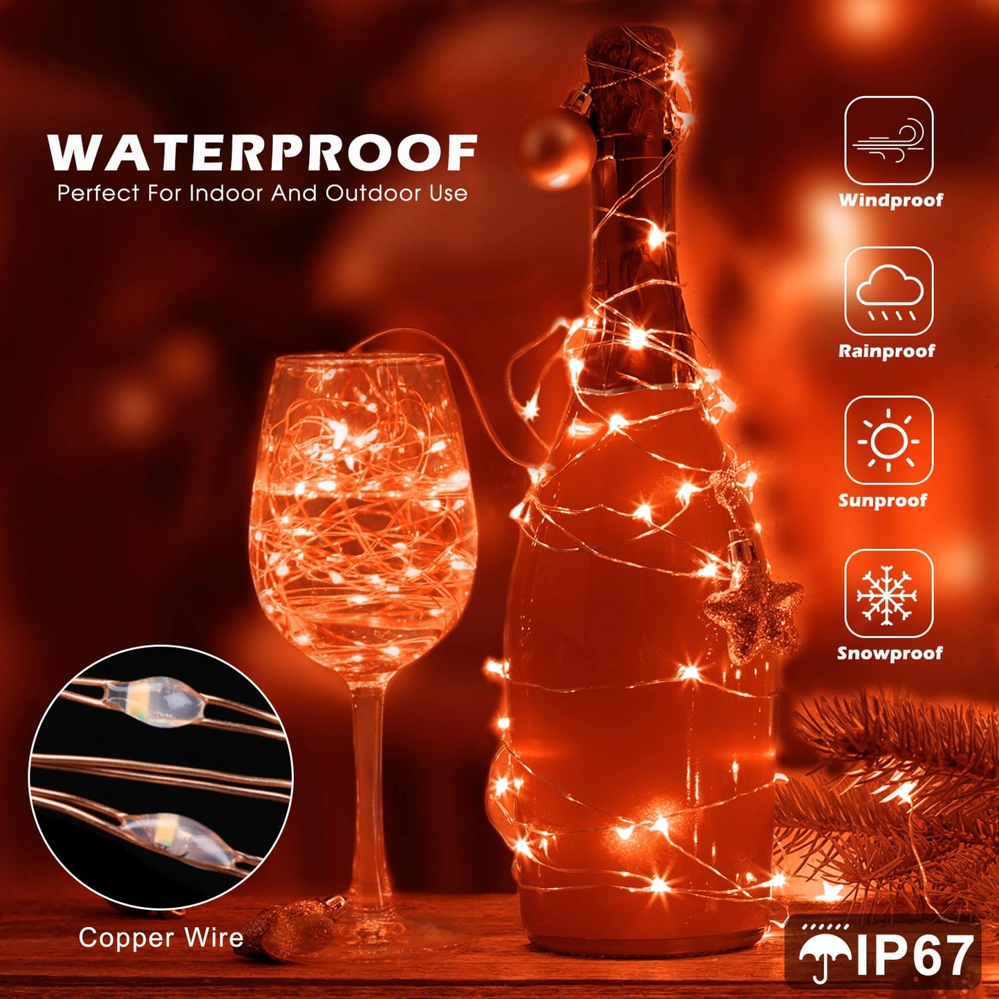 yietNL Fairy Lights 72ft 220 LED USB Twinkle String Lights, Silver Wire, Remote, Timer, 8 Modes, Waterproof, Orange
