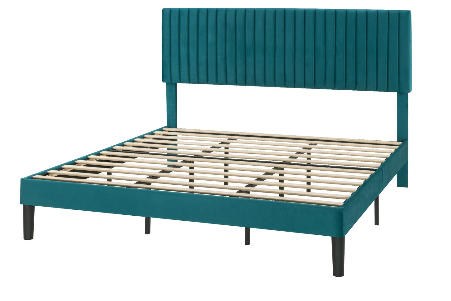 SHA CERLIN King Upholstered Platform Bed Frame with Vertical Channel Tufted Velvet Fabric Adjustable Headboard, Wooden Slats Support, Mattress Foundation, Box Spring Optional, Teal