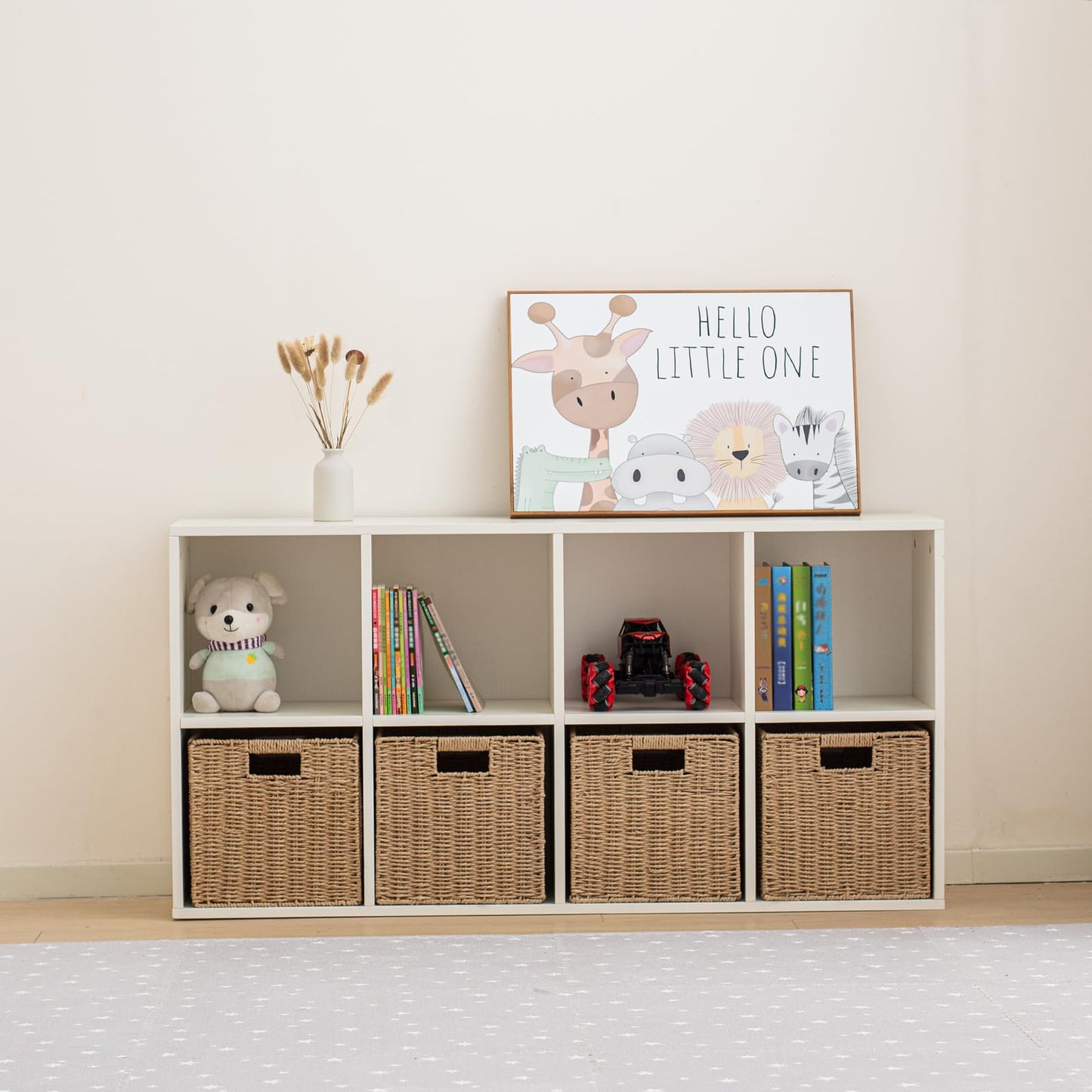 Wood 8-Compartment Storage Cabinet 8-Cube Storage Cabinet Organizer Wooden Cubby Bookshelf White 2 tier Open Cabinet Qquare Cubby Shelf for Home Office Living Room (8-Cube, 11 in Shelf Opening)