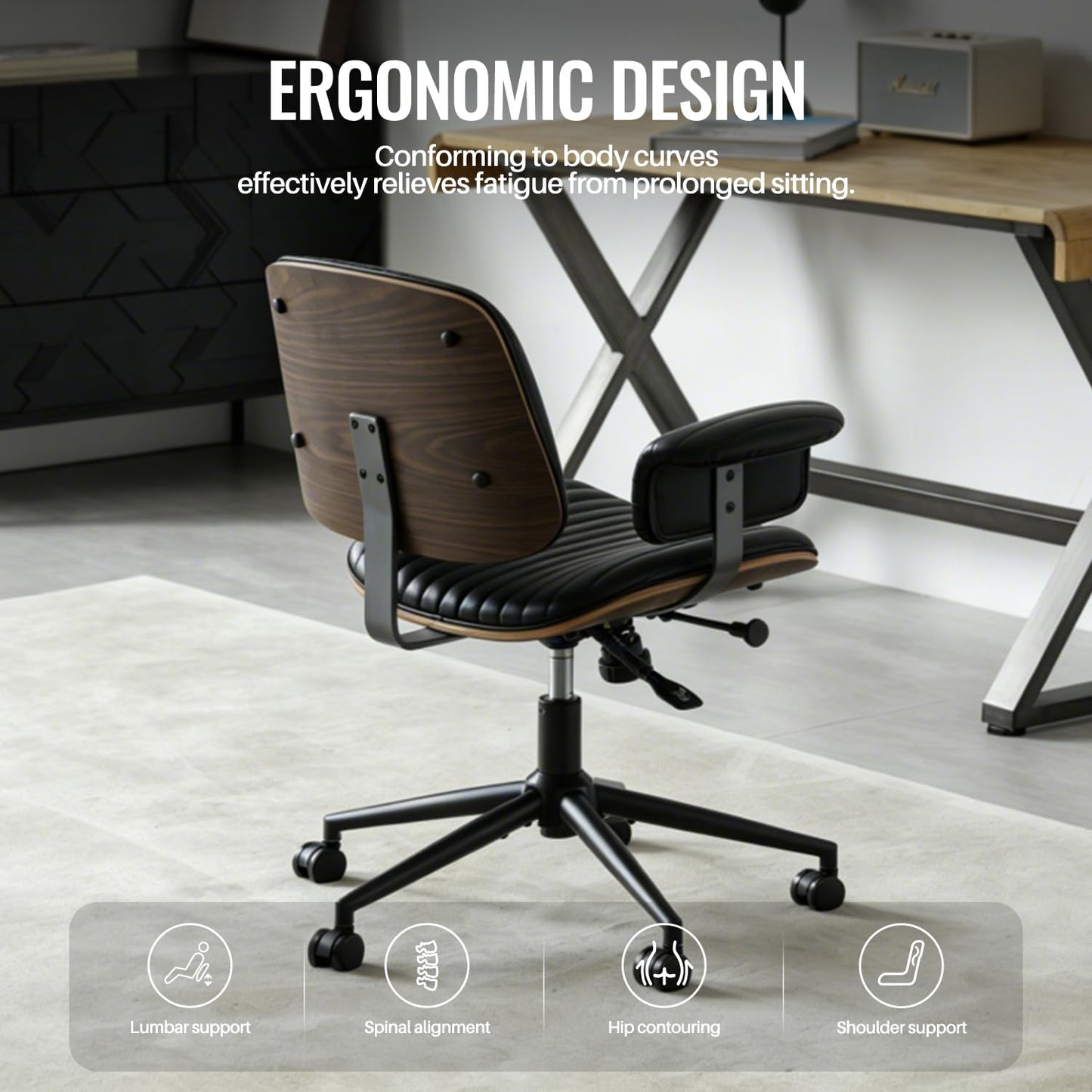 Leather Home Office Chair, Mid-Century Modern Executive Desk Chair with Padded Armrests, 360° Swivel Ergonomic Task Chair,Adjustable Height (PU Leather-Black)