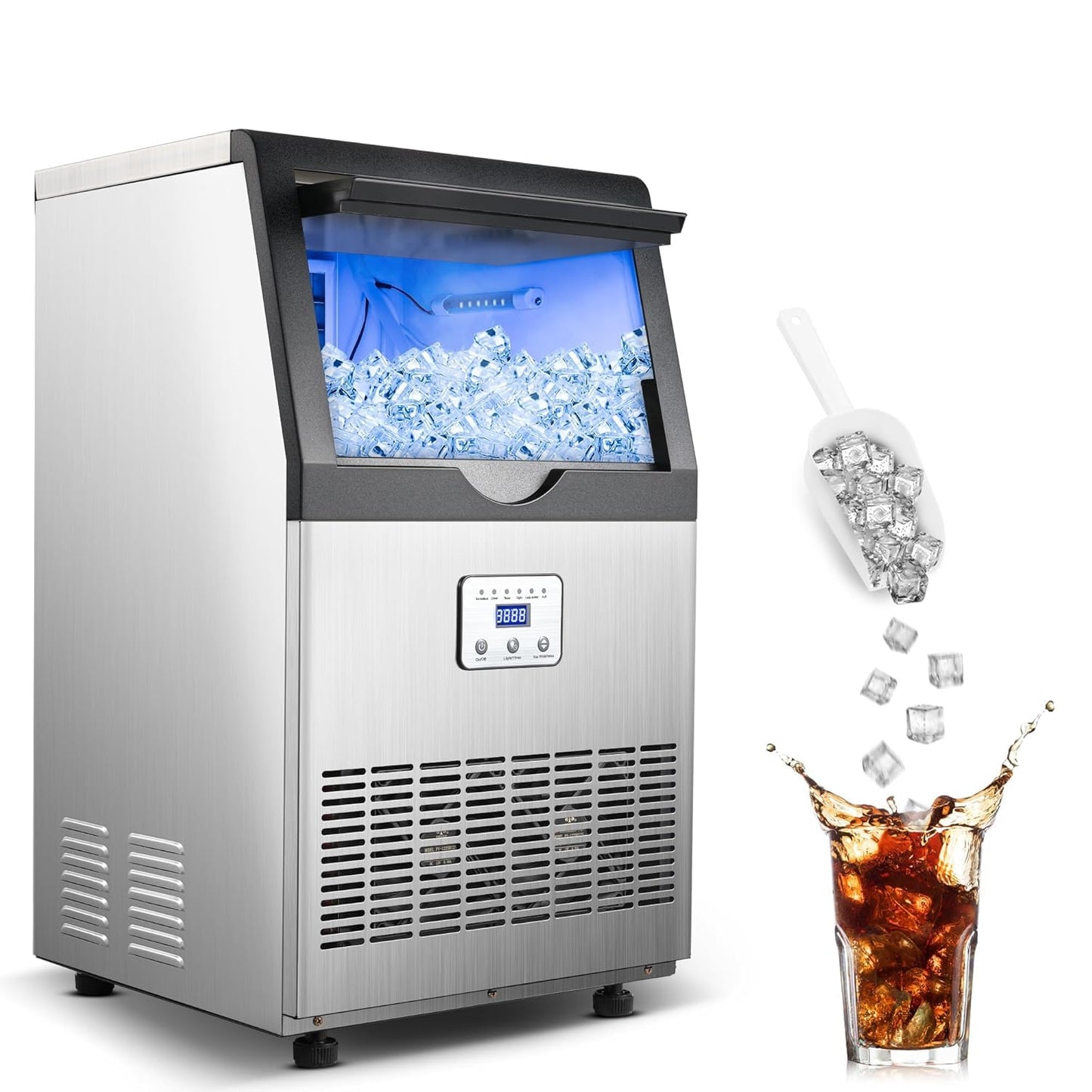 Zomagas 90LBS/24H Commercial Ice Maker Machine, Undercounter or Freestanding Stainless Steel Ice Machine with 25LBS Storage, 32 Cubes/Cycle, Self-Cleaning & Quiet Operation for Home, Bar, Restaurant