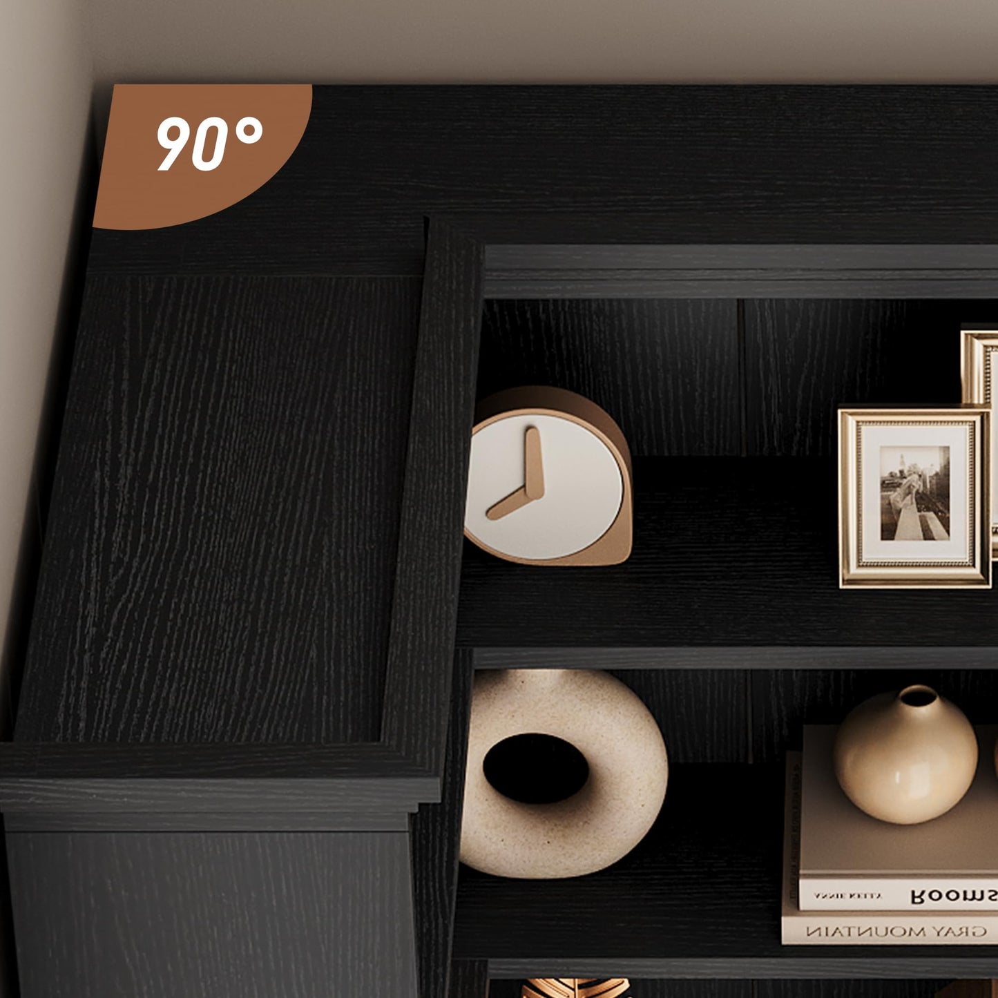 IDEALHOUSE Corner Bookshelf 72.8in Farmhouse Bookcase Large Bookshelf Wood Bookcase Tall 5 Tier Corner Shelf L Shaped Bookshelfs Storage Display Rack Living Room Bedroom (Black Full Panel)