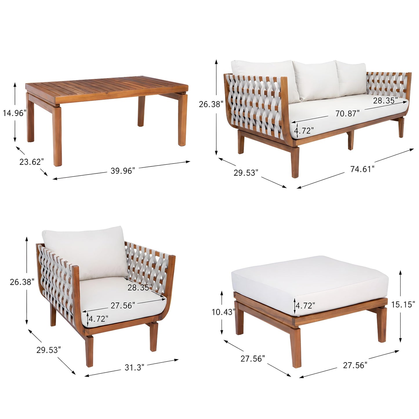 Merax 5 Piece Rope Woven Paito Conversation Set, Outdoor All-Weather Acacia Wood 3-Seater Sofa, 2 Armchairs with Cushions,1 Ottoman, 1 Coffee Table for Porch, Lawn, Backyard, Balcon, Teak+ Beige