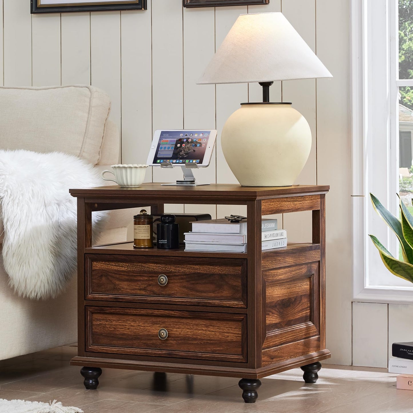 Joaxswe 24" Wide Farmhouse Night Stand Set of 2,Large End Table with 2 Drawers & Metal Handle,Brown Wood Dresser for Bedroom, Bed Side Table Chest of Drawers Cabinet, Nightstand for Living Room,Closet