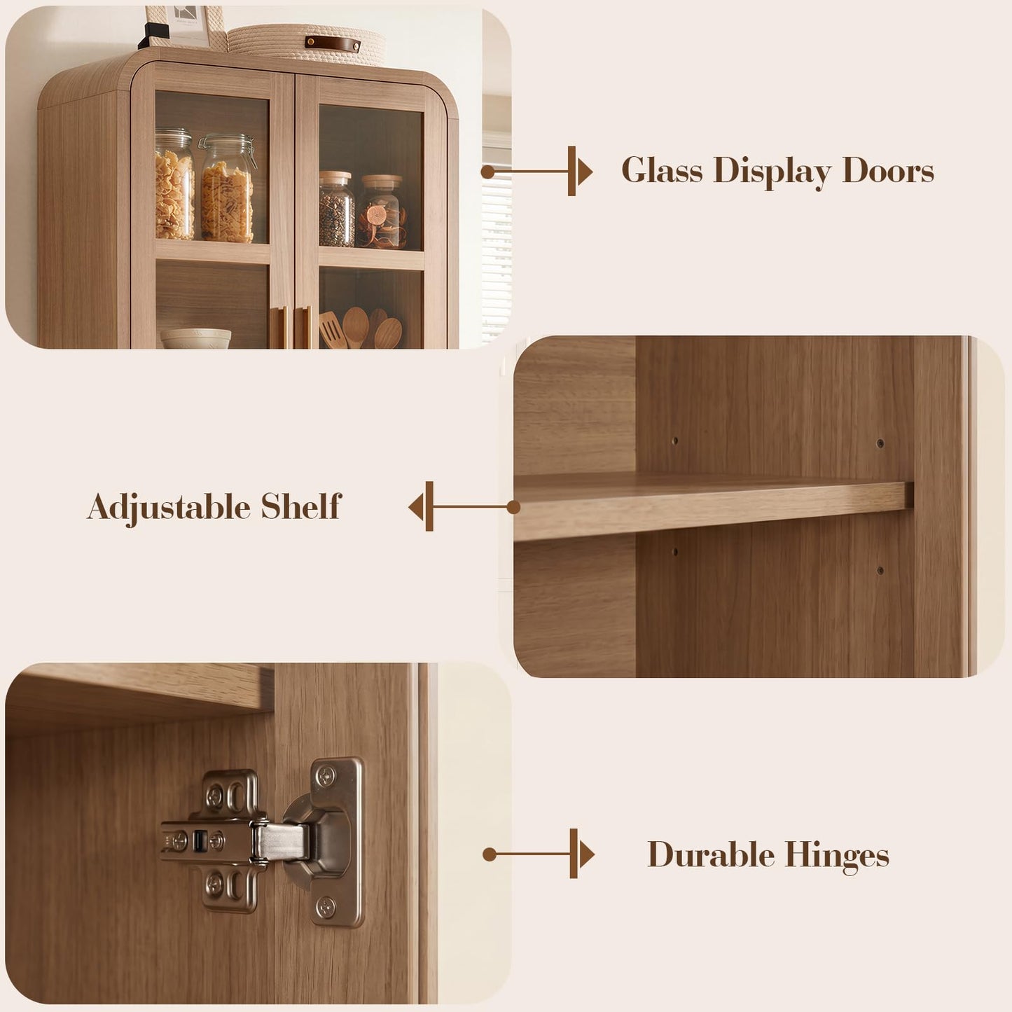 EliteSet 77" Tall Kitchen Pantry Cabinets, Wooden Curved Storage Cabinets with Adjustable Shelf, 1.18'' Panel Freestanding Cupboard for Dining Room, Living Room, Bathroom, Oak, 1Pcs