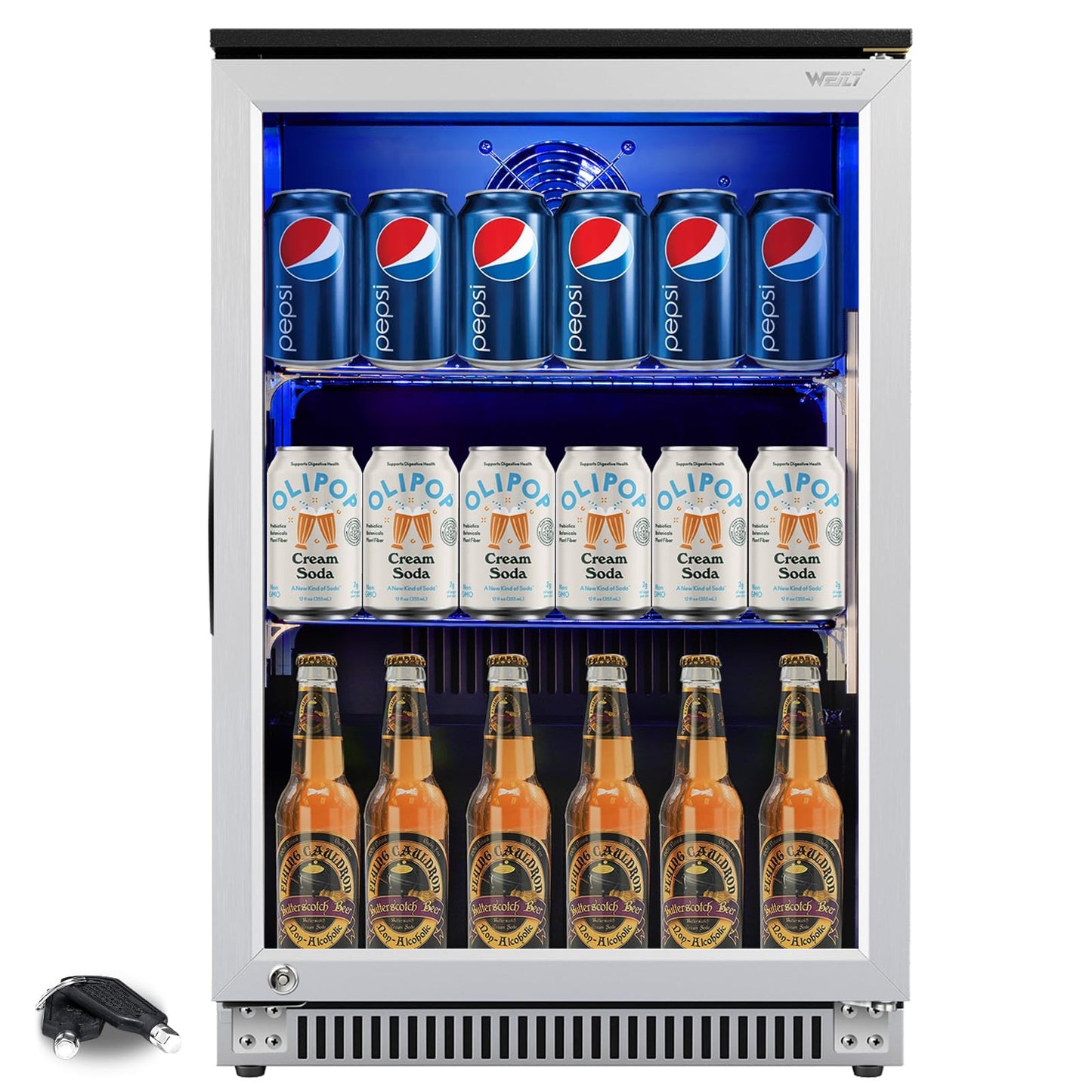 Weili 20 Inch Built in Beverage Refrigerator with Lock, Under Counter or Freestanding 120 Can Soda Beer Drink Cooler Fridge with Stainless Steel and Glass Door