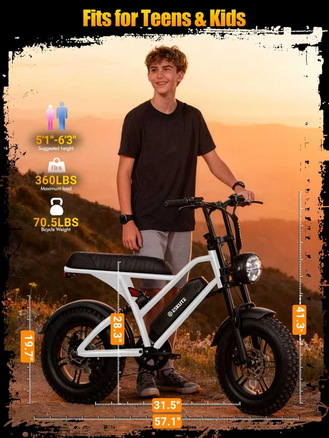 ESKUTE V100 Electric Bike for Adults, Electric Dirt Bike 1500W Peak Motor, All Terrain Dual Suspension E Bike 28MPH Top Speed, Ebike Up to 60 Miles Range, 16" Fat Tire, 48V13Ah Battery, 7-Speed,White
