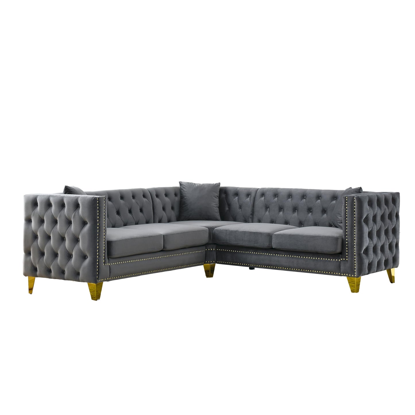 KEIKI 82.2" Tufted Velvet Corner Sofa, 5 Seat L-Shaped Sectional Couch for Living Room, Buttons Tufted Square Arm Couch for Home Apartment, Gray