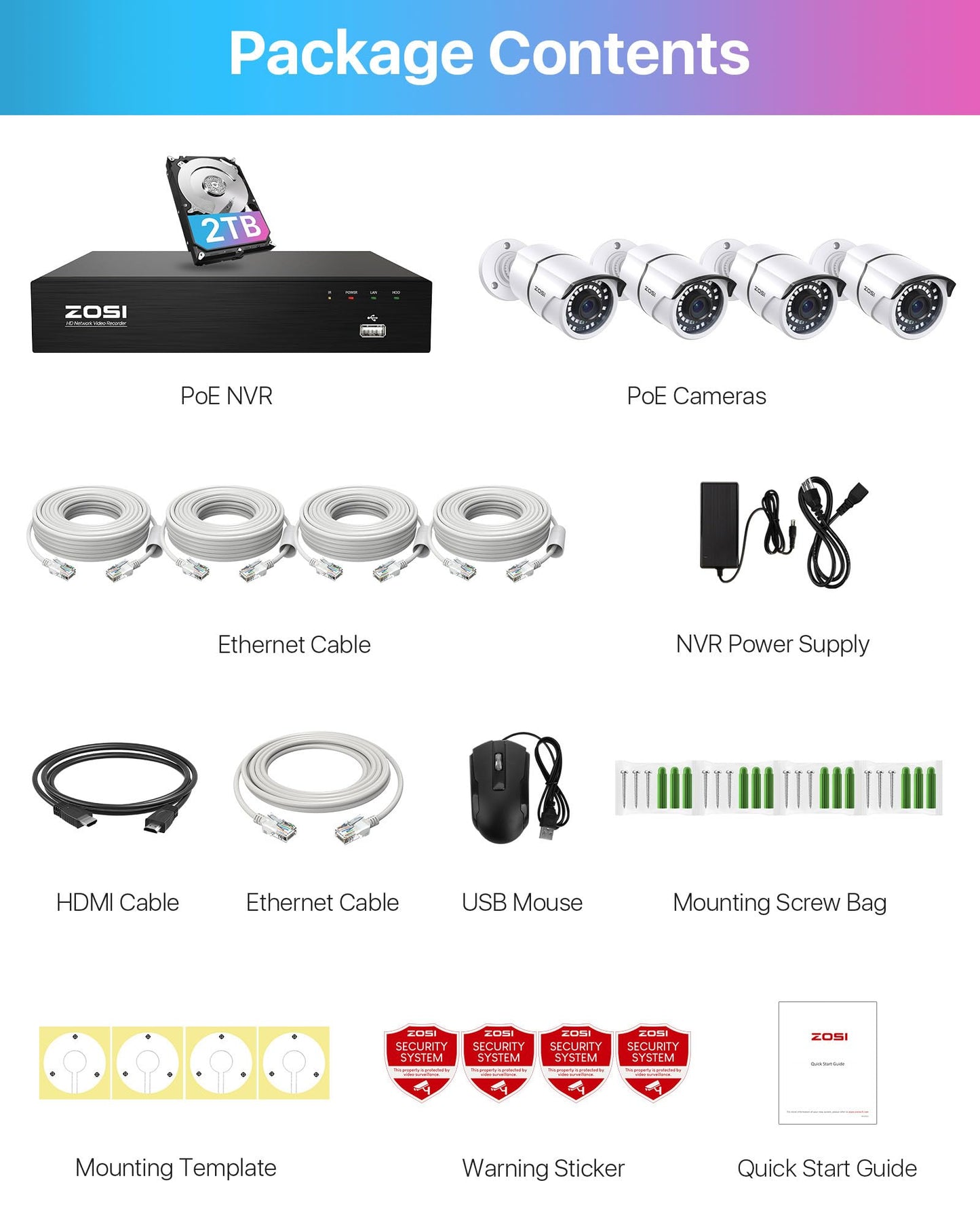ZOSI 8CH 4K PoE Home Security Camera System, 8 Ports 16CH 8MP NVR with 2TB HDD, 4pcs 5MP Outdoor PoE IP Cameras, 100ft Night Vision, Person Vehicle Detection, Remote Access, for 24/7 Recording