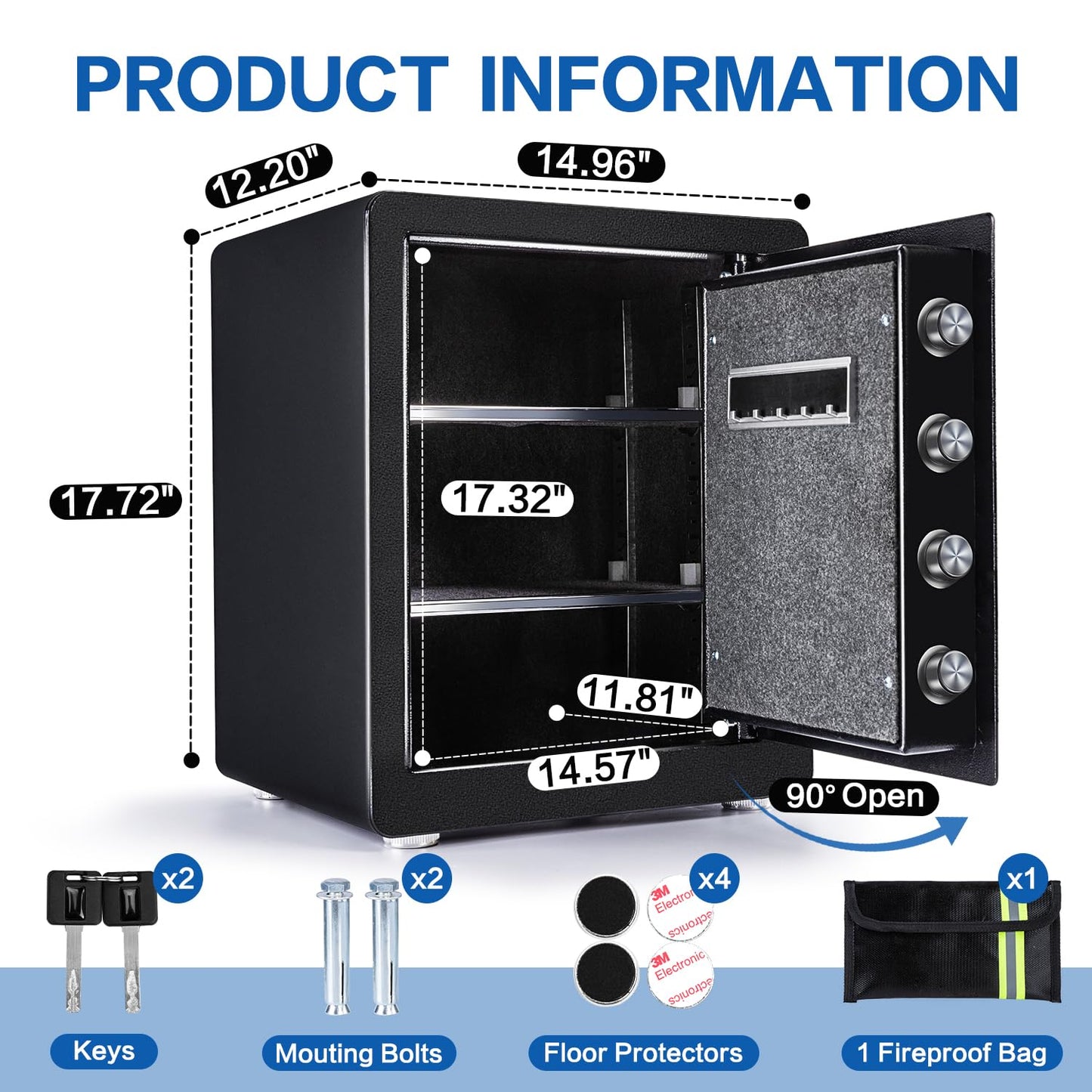Safe Box, 1.9 Cubic Feet Security Home Safe Box, W/Electronic Digital Keypad, Dual Alarm System, LED Light, Adjustable Shelf, for Money,Documents, Jewelry, Home, Hotel Use, 15"D x 12.2W" x 17.7"H
