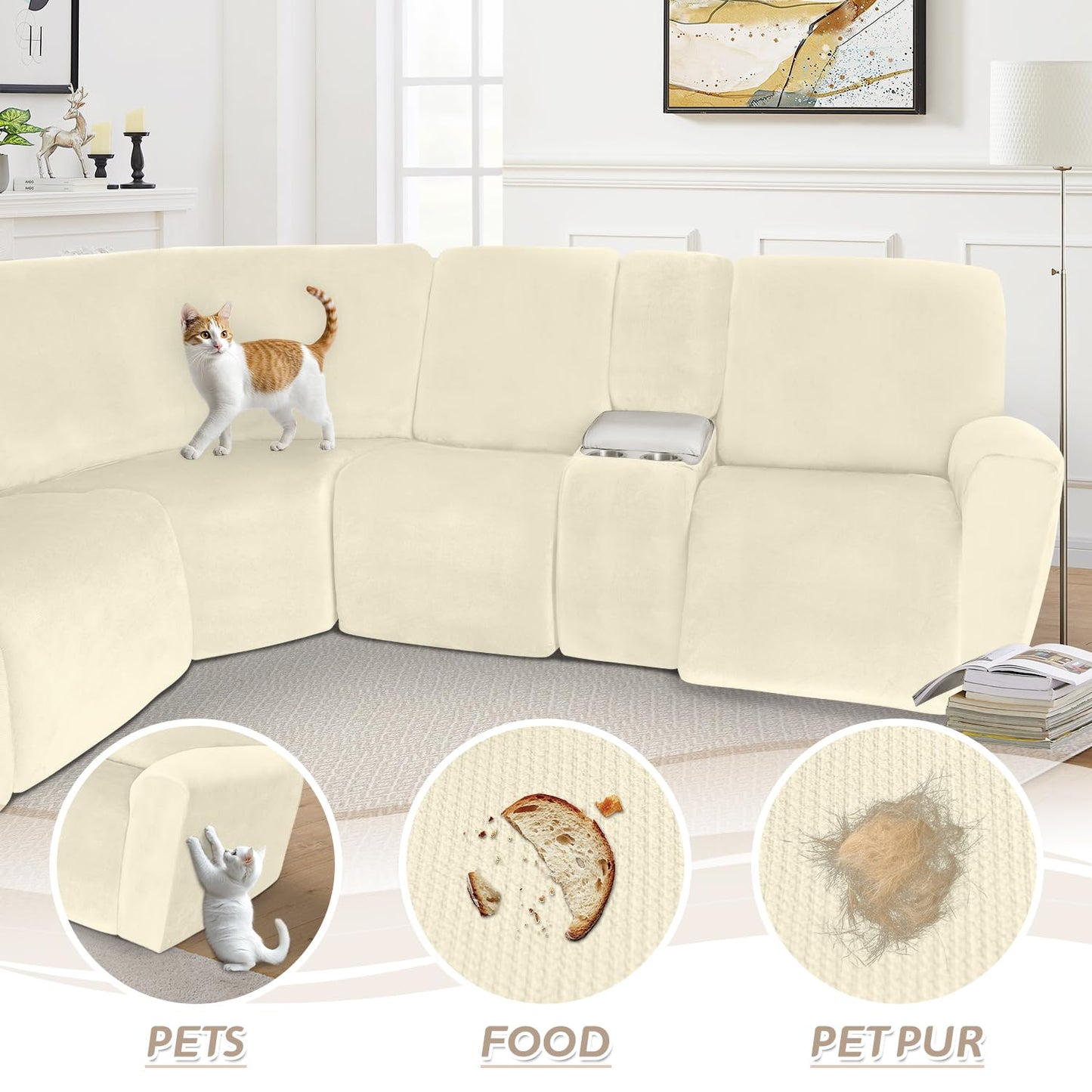 Arfntevss Sectional Recliner Couch Covers Velvet Washable Corner Sectional Sofa Cover for Reclining Couch Stretch Soft Thick L Shape Recliner Slipcover Set (5 Seat with 2 Console Cover, Beige)