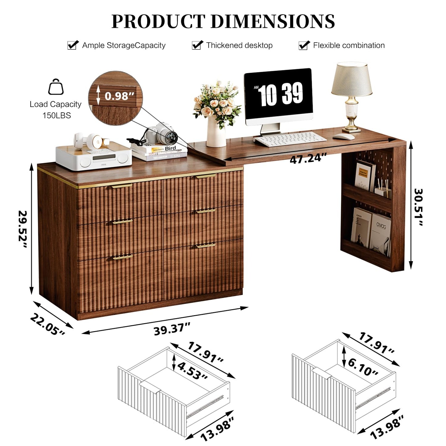 Ieejdn Computer Desk with 6 Drawers, 78" Modern Writing Desk with 0.98" Thickened Desktop & Storage Shelves, Adjustable direction & Extendable Executive Office Desk Study Table for Home Office, Walnut
