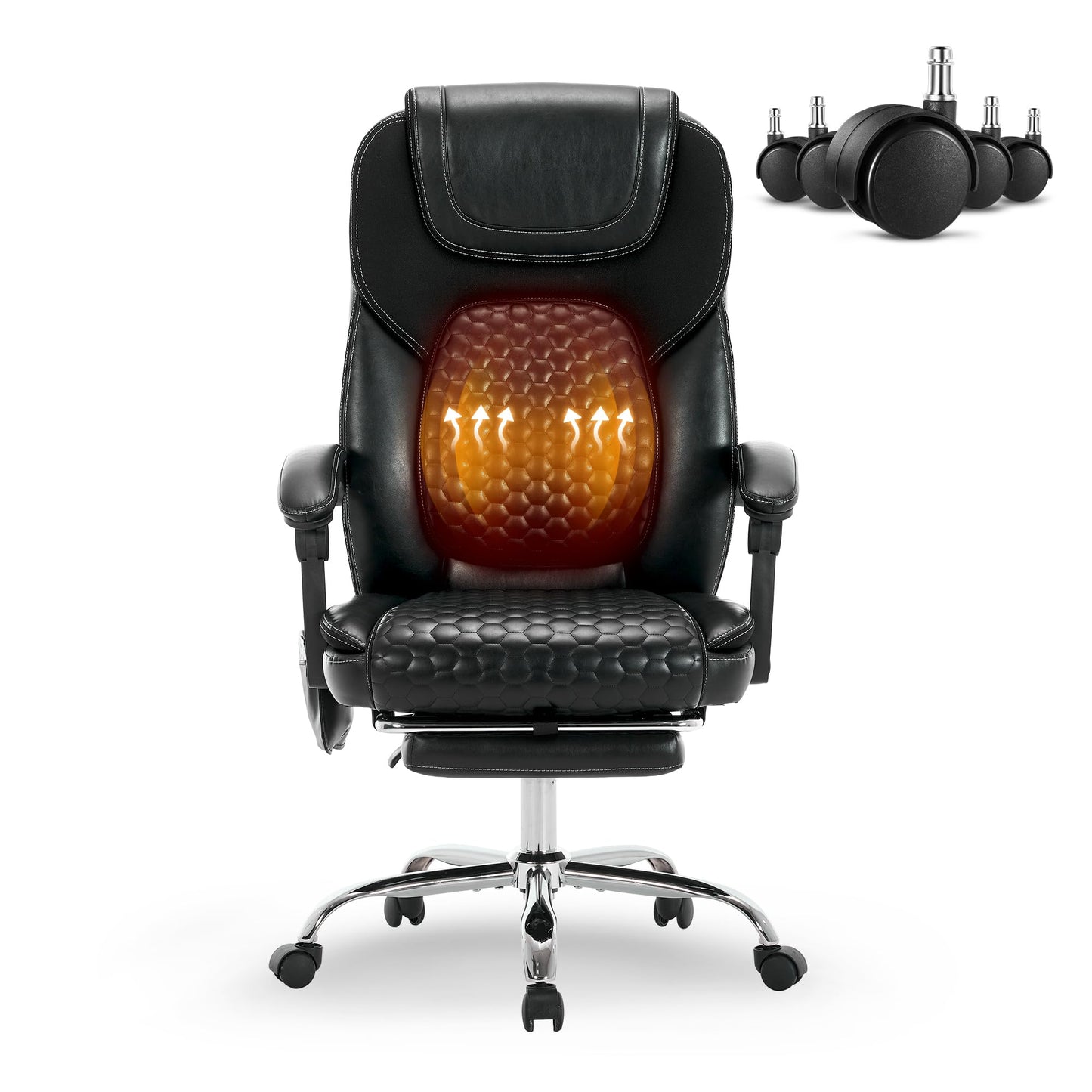 MALOL Massage Office Chair with Heat and Footrest - 3-Level 65°C Targeted Heating, 20-Min Assembly Leather Desk Chair, Big and Tall Executive Computer Chair with Side Pocket, 300 lbs, Black,Set of 2