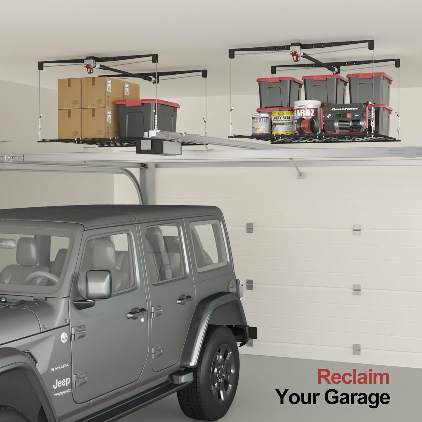 Overhead Garage Storage Rack for 8-10 FT Ceiling, Heavy-duty 4x4 FT Ceiling Storage Racks with Safety Lock, Ideal for Garage Storage Mounted Lift System and Storage Organizer, 250lb Capacity