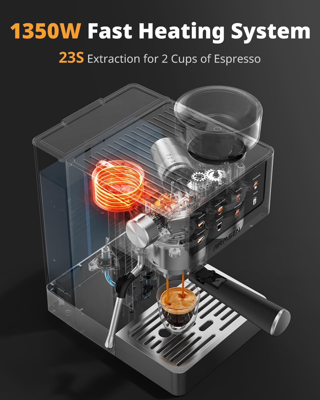AIRMSEN Espresso Machines with Burr Grinder, 20 Bar, Milk Frother Steam Wand, Stainless Steel Coffee Maker for Home - Cappuccino Latte & Cold Brew Iced Coffee Maker & Americano