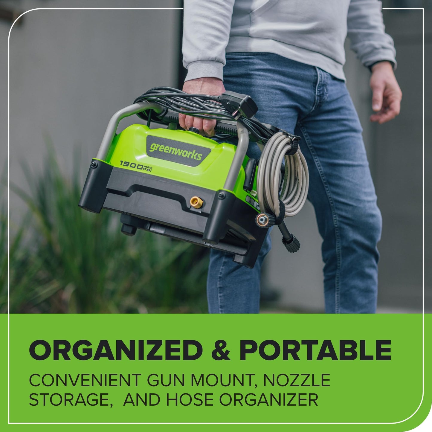 Greenworks 1900 PSI (1.2 GPM Max) Electric Pressure Washer (25°, 40°, Turbo Nozzle, Soap Applicator) Ideal for Cleaning Cars, Trucks, Boats, Outdoor Patio Furniture, Decks, and Windows