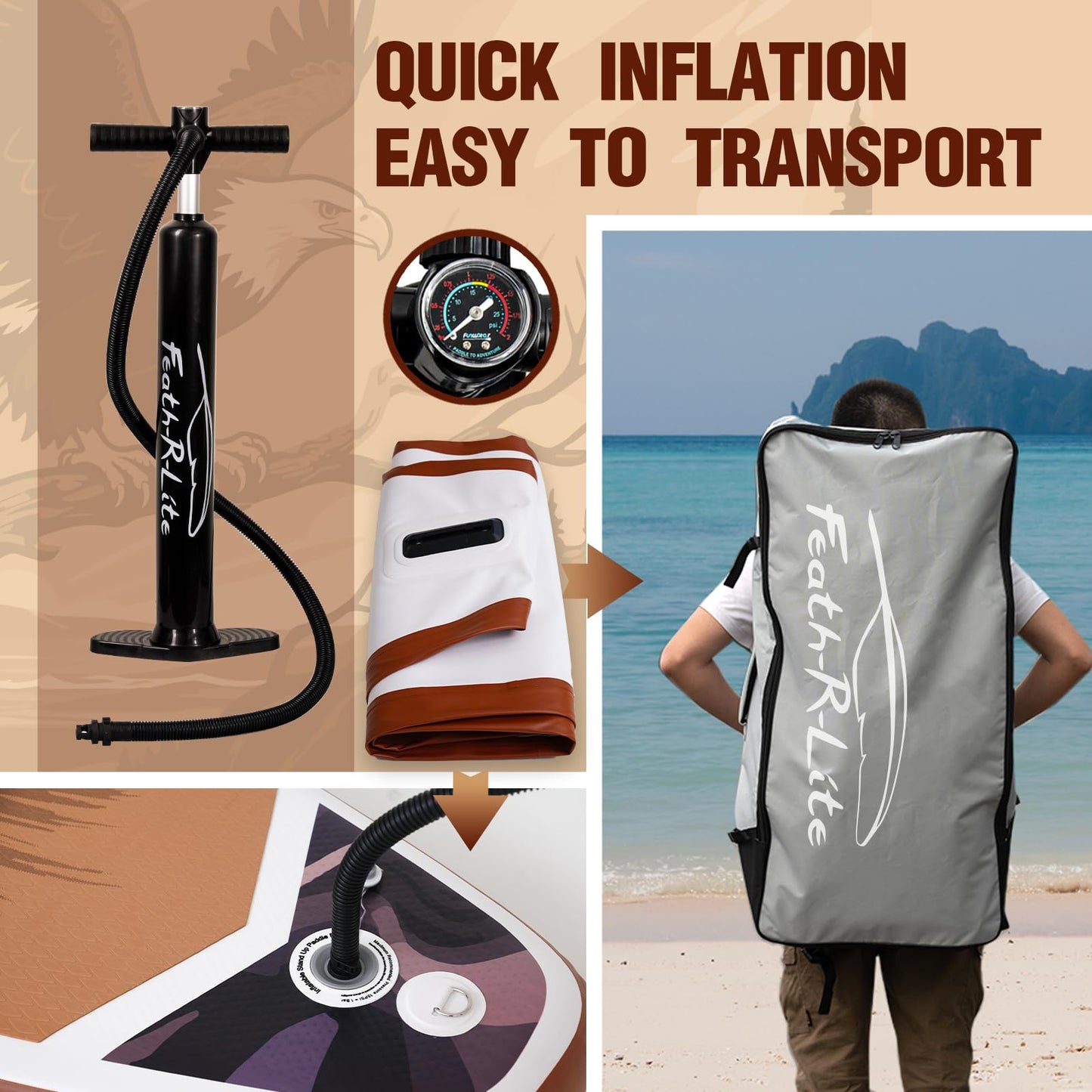 FEATH-R-LITE Inflatable Paddle Board Stand Up Paddleboards for Adults SUP with Premium Accessories Pump, Adjustable Paddle, Leash, Three Fins, Backpack (Ash Eagle)