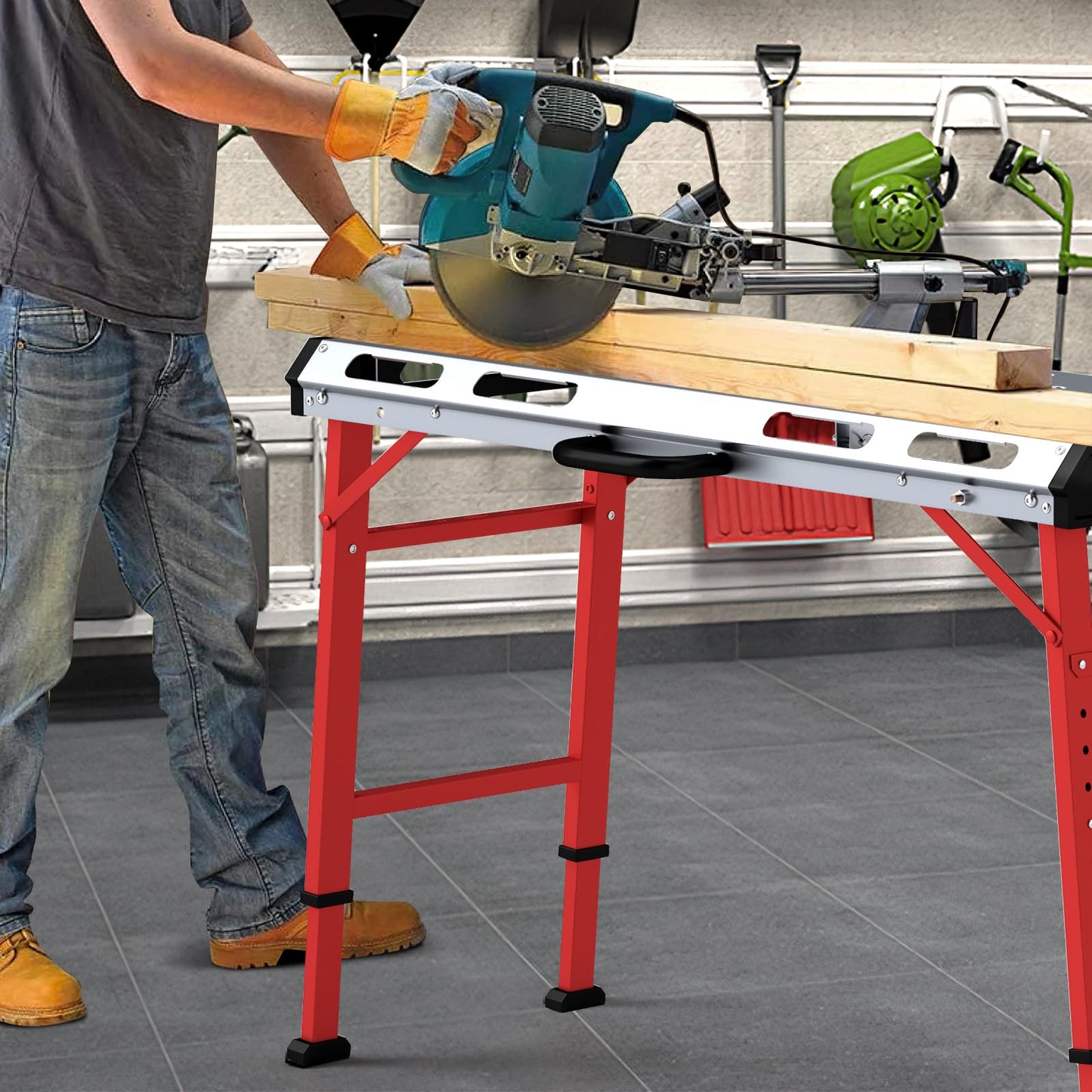 Goplus Portable Welding Table, 42" x 21" Folding Height Adjustable Weld Table Top w/1000LBS Capacity, 2 Bar Clamps, 8 Tool Slots, Handle, 0.7” Holes, Heavy-Duty Workbench Fixture Table for Garage