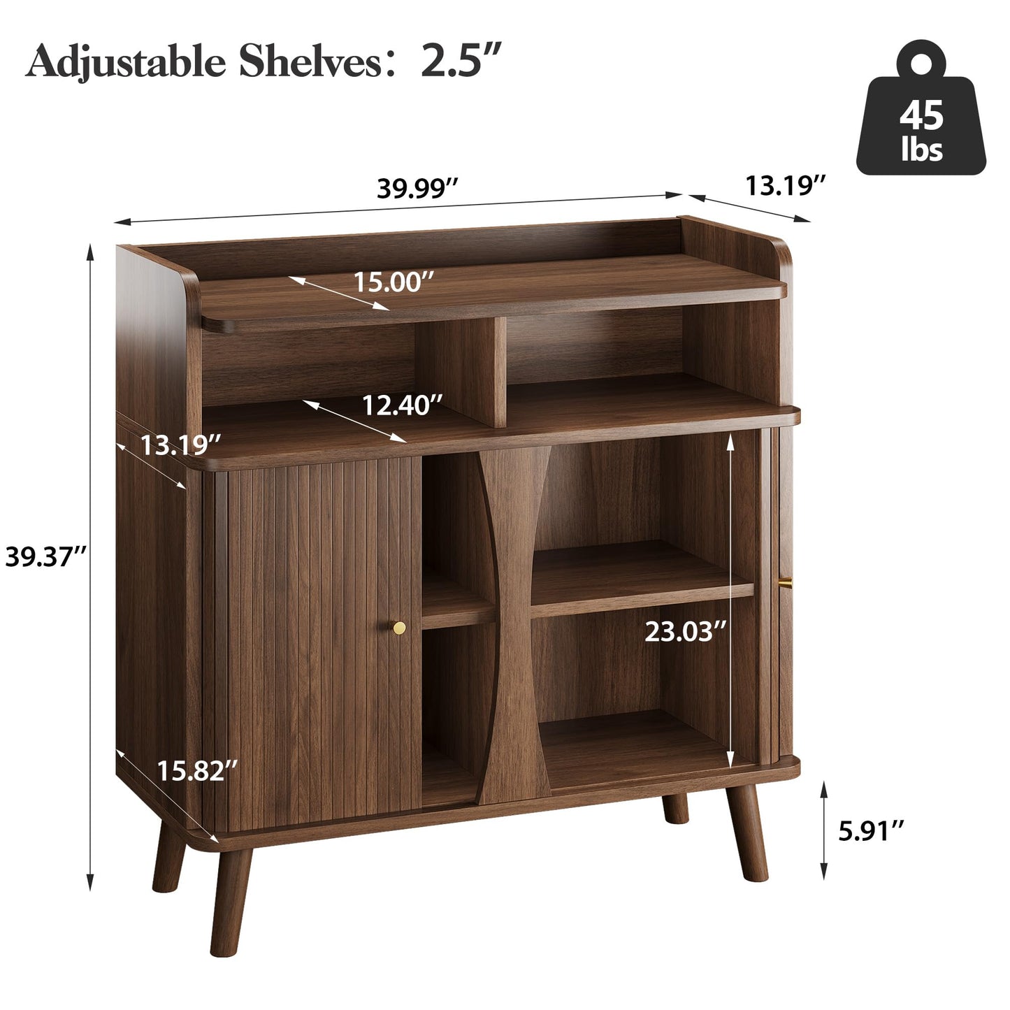 Decofy 39" Buffet Sideboard Cabinet, Mid Century Modern Console Cabinet with Roller Shutter Sliding Doors & Adjustable Shelves for Kitchen Cabinets, Living Room, Entryway, Coffee Bar Cabinet (Walnut)