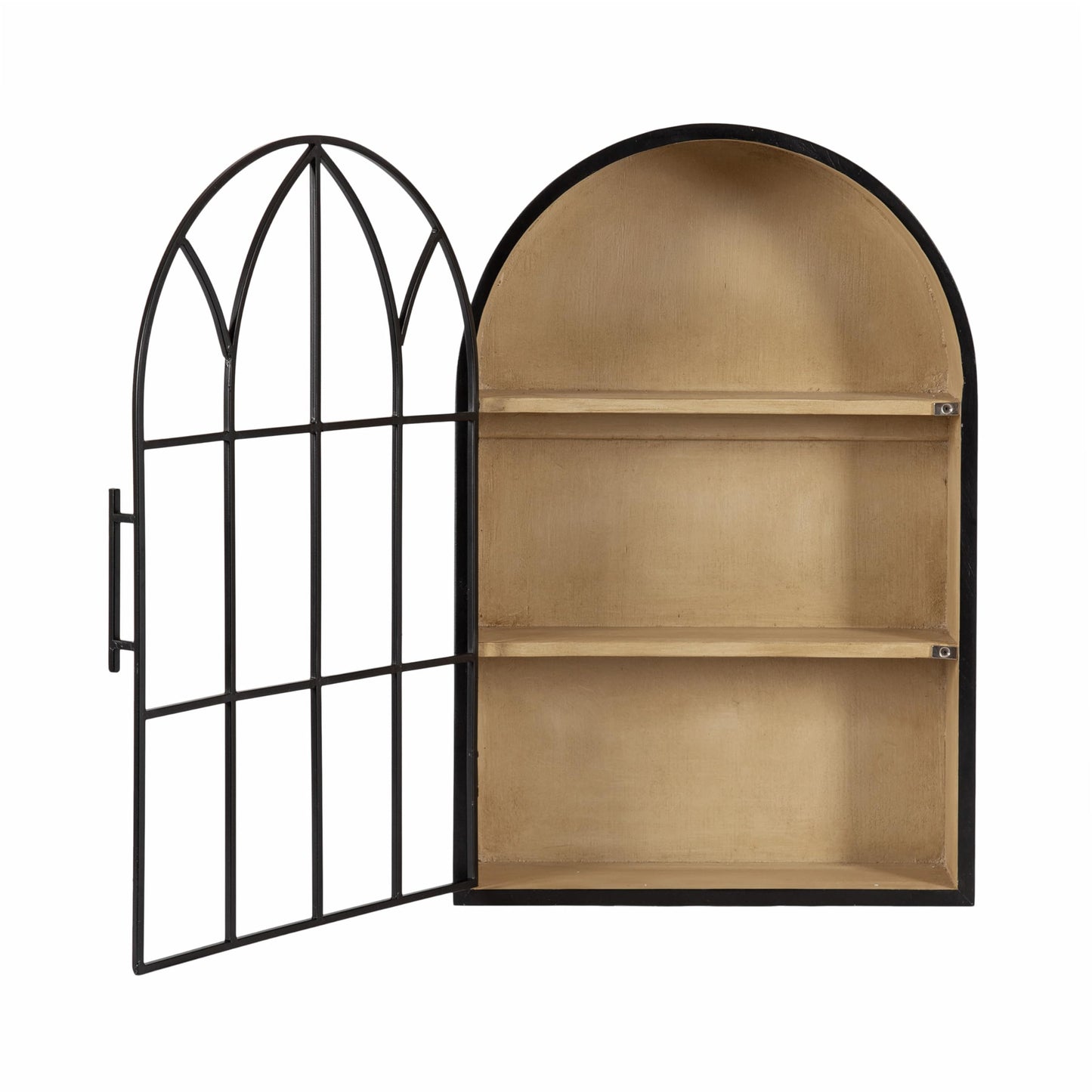 Kate and Laurel Megara Decorative Wooden Hanging Arched Wall Cabinet with Door for Open Storage; 16 x 6 x 24; Black and Natural Wood; Wooden Floating Wall Bathroom Cabinet for Above Toilet Storage