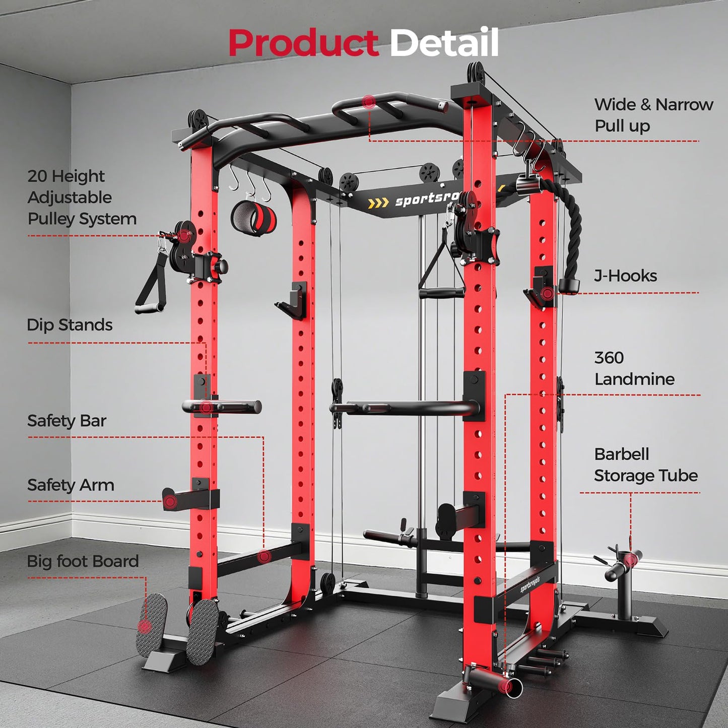 Sportsroyals Power Cage, Multi-Functional Squat Rack, Power Rack with Pulley System & LAT Pull Down, Workout Cage with J Hooks for Home Gym