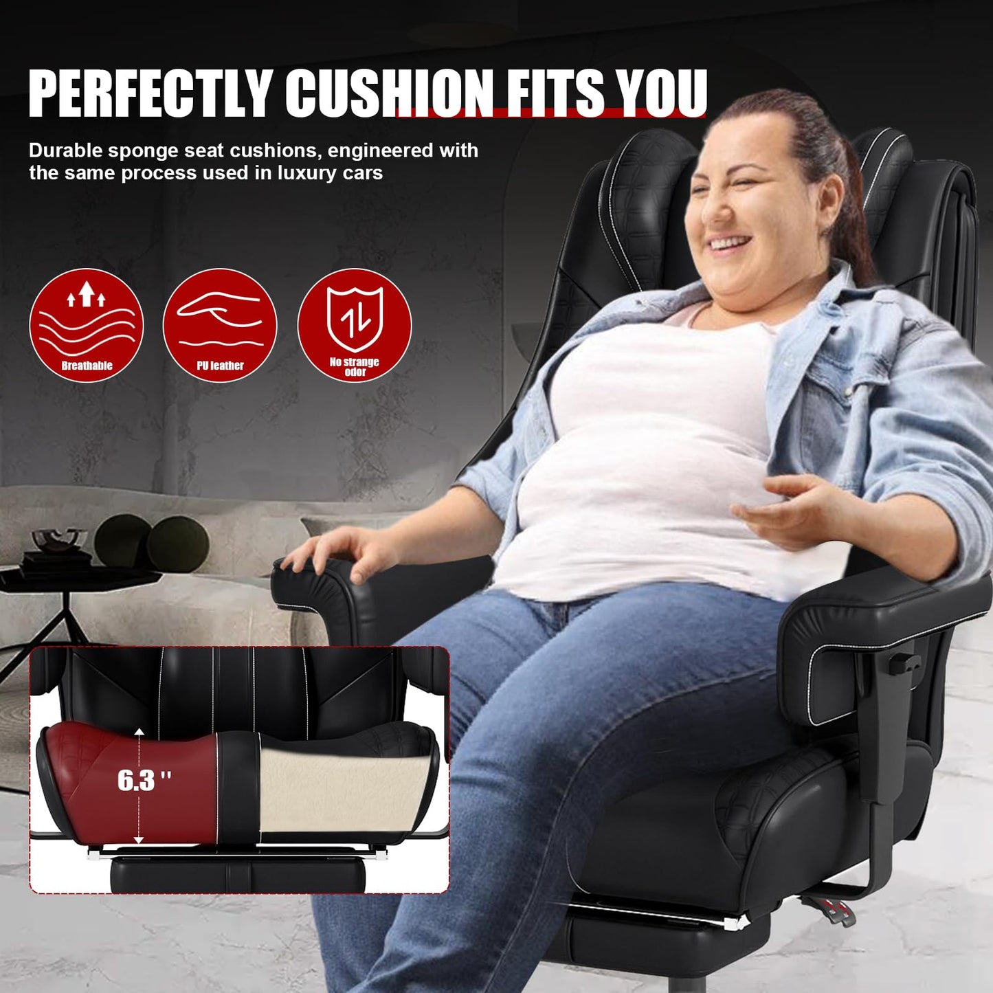 400lbs Big and Tall Office Chair, Wide Ergonomic Leather Executive Chair for Heavy People with Foot Rest, High-Back Reclining Computer Chair with Swivel Wheels and Lumbar Support (Black)