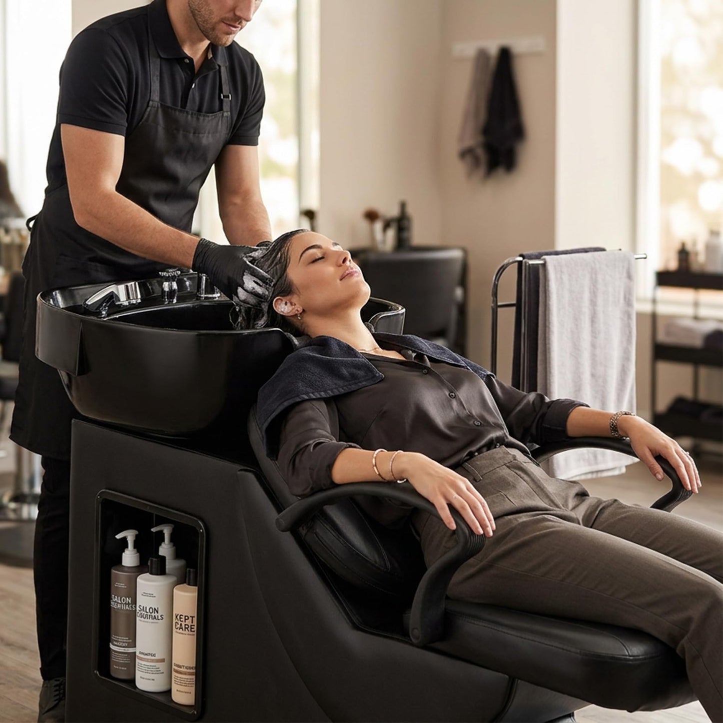 Shampoo Bowl and Chair Set for Salon, Hair Washing Backwash Shampoo Station Unit with ABS Sink & PU Leather Chair, Shampoo Bowl Sink Chair with Side Storage for Spa Barbershop Beauty, Black (Small)