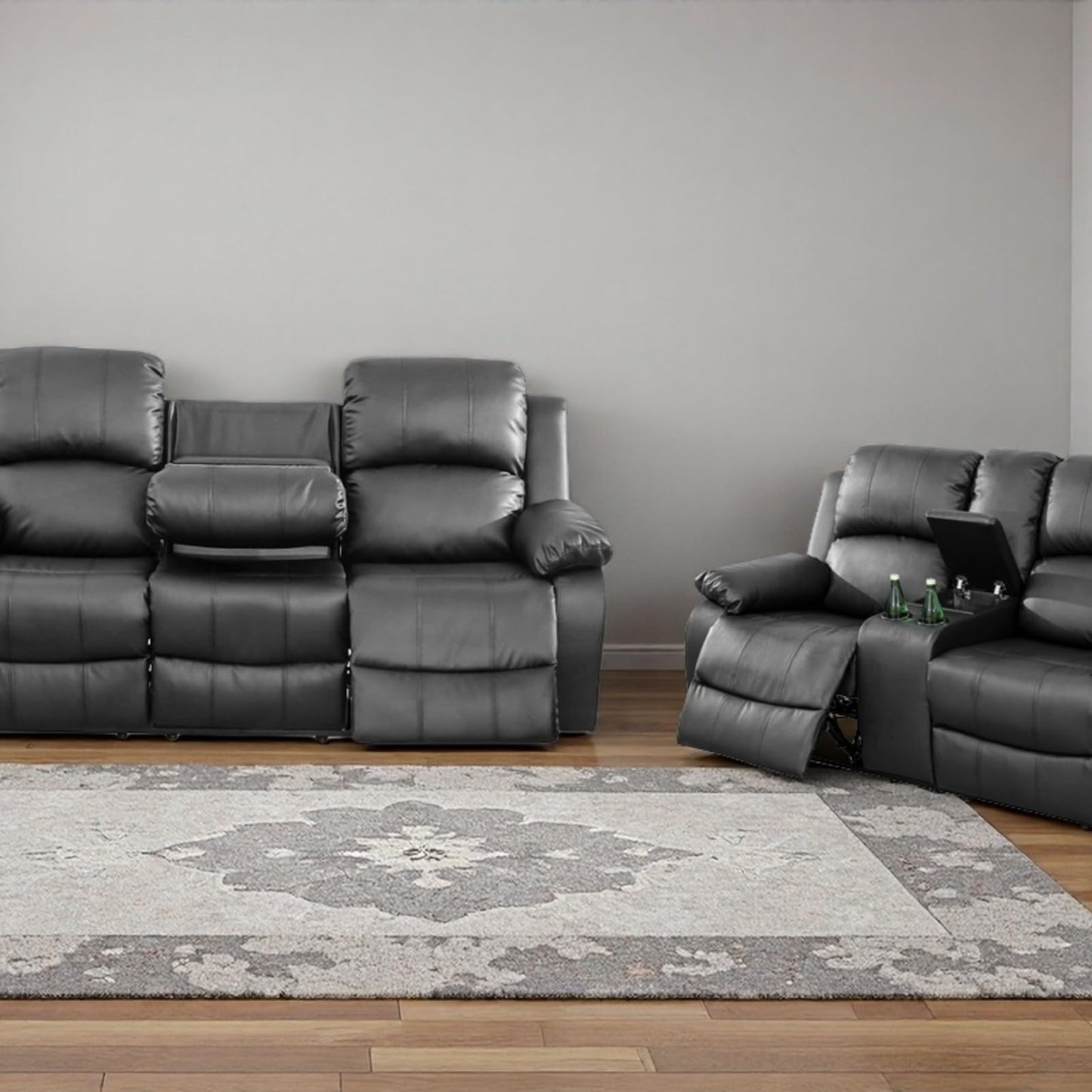 Trygoal Manual Recliner Sofa Set, Leather Reclining Living Room Furniture Set, Adjustable Backrest Reclining Loveseat Sofa and a 3 Seater Couch Furniture Set for Living Room, Home Theater, Black