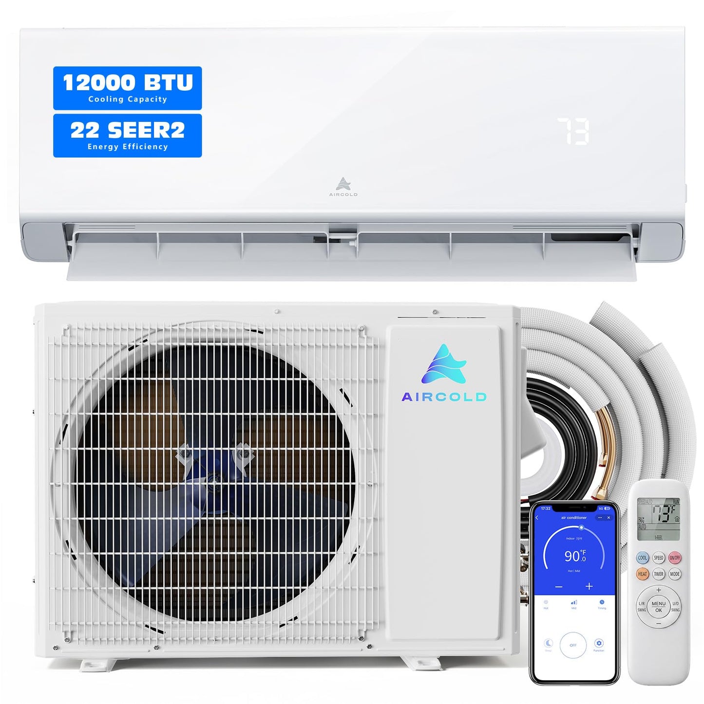 Mini Split AC & Heating System: 22 SEER2 Ductless Air Conditioner with Heat Pump | 12000 BTU 115V Inverter Split Unit with WiFi App Control Compatible with Alexa & Google Covers up to 750 Sq.Ft