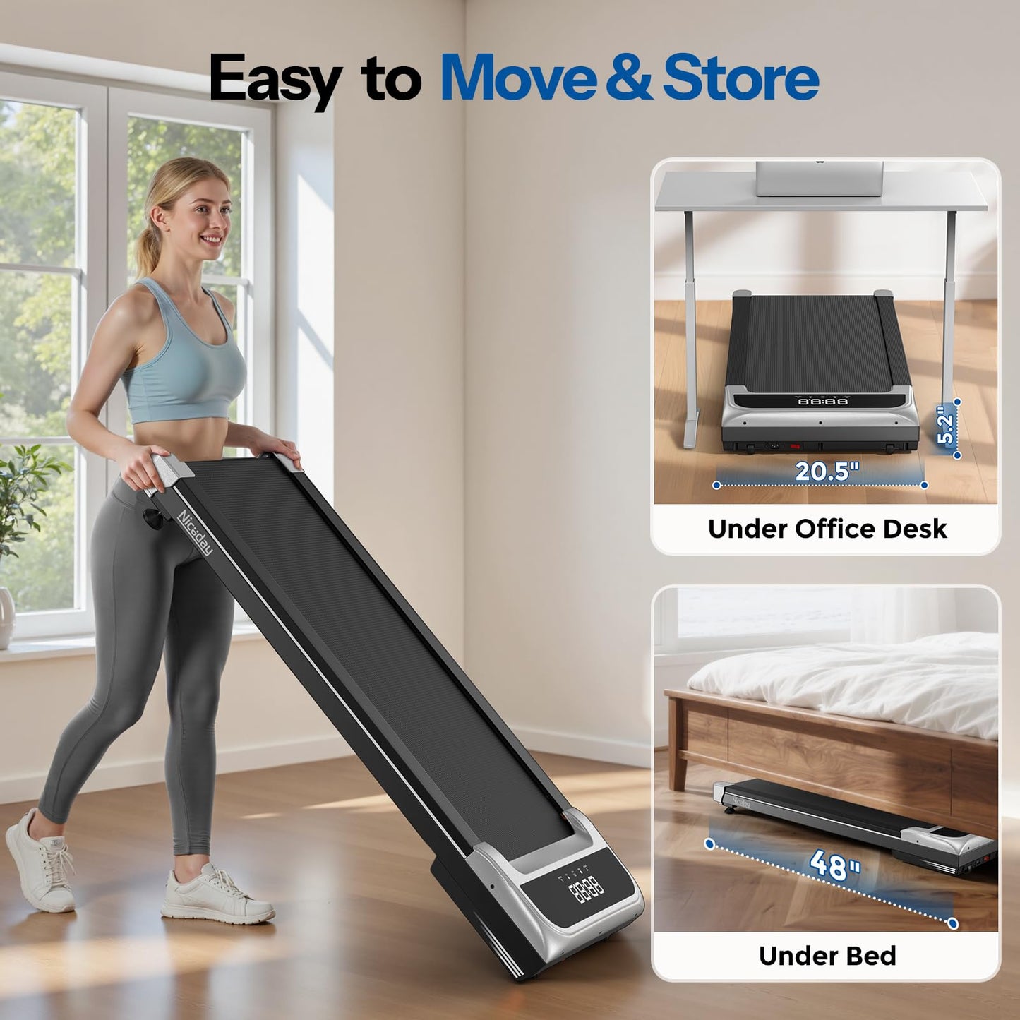 Niceday Walking Pad Under Desk with 10% 9-Level Auto Incline, 3HP Super Quiet Under Desk Treadmill for Home Office, Compact Treadmills for Home Hiking, 400 LBS Capacity, Magnetic Remote Silver