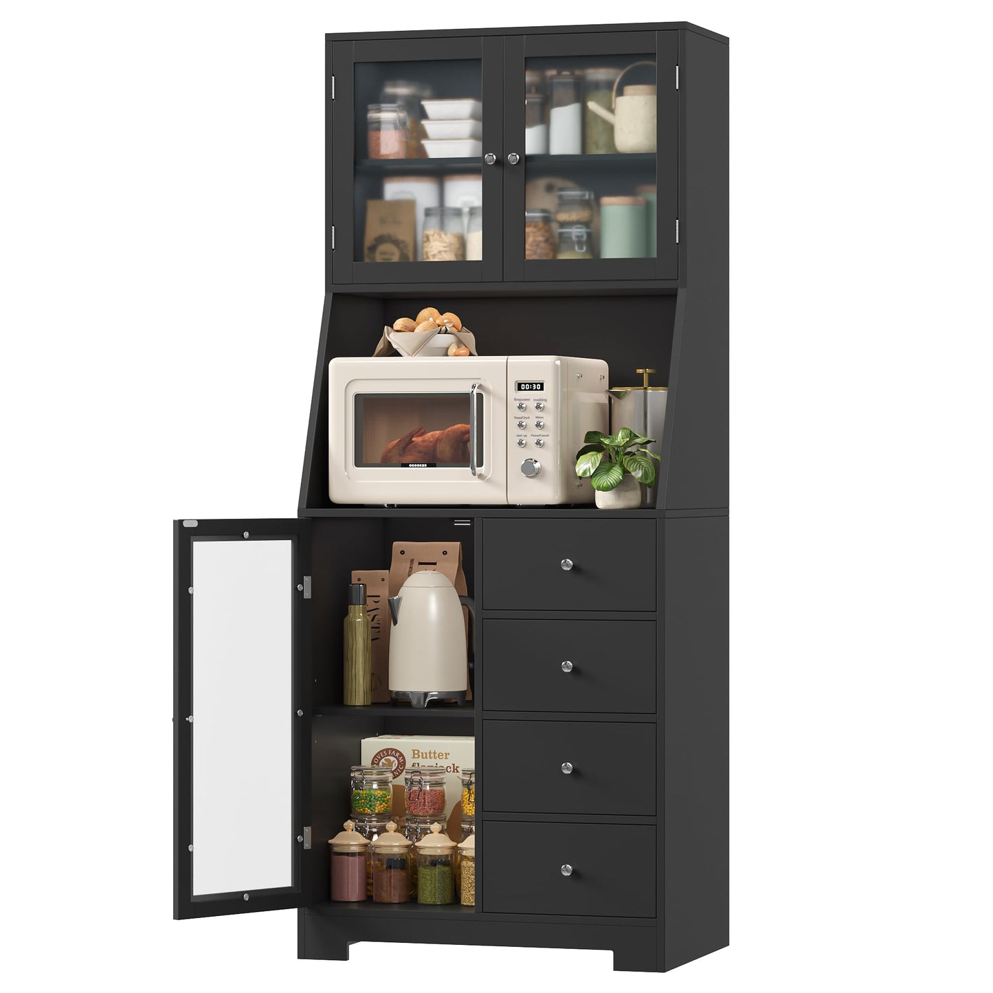 BOTLOG 64'' Kitchen Pantry Storage Cabinet, Tall Kitchen Storage Cabinet with Microwave Stand, Hutch Cabinet with Adjustable Shelves, for Dining Room, Black