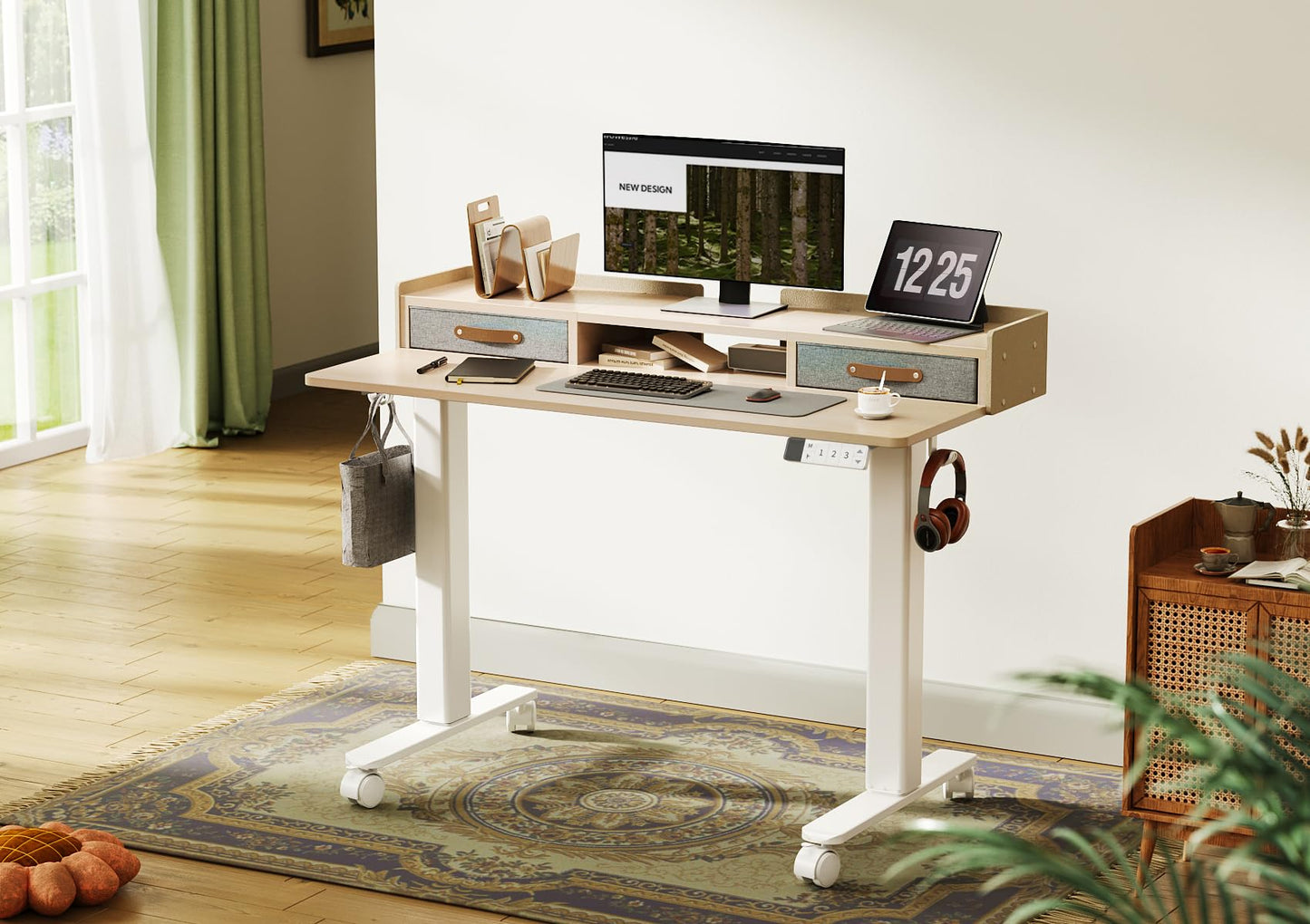 YDN Standing Desk with Drawers, 48 Inch Standing Desk Adjustable Height, Adjustable Electric Stand Up with Storage and Shelf, Natural