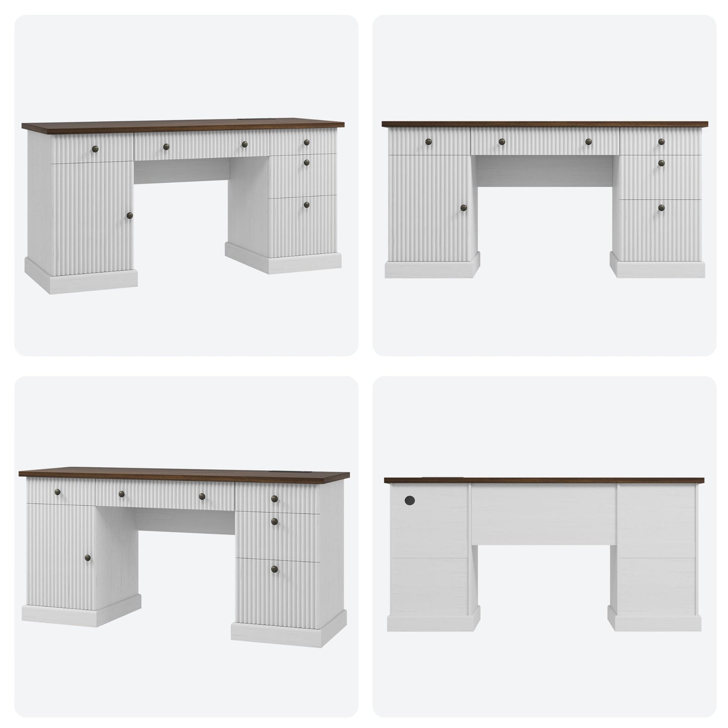Garvee 60" Office Desk with Storage Cabinet & Drawers. Fluted Wood Computer Desk with Power Outlet & Adjustable Shelves.Modern Executive Desk for Home Office/Bedroom/Gaming-White