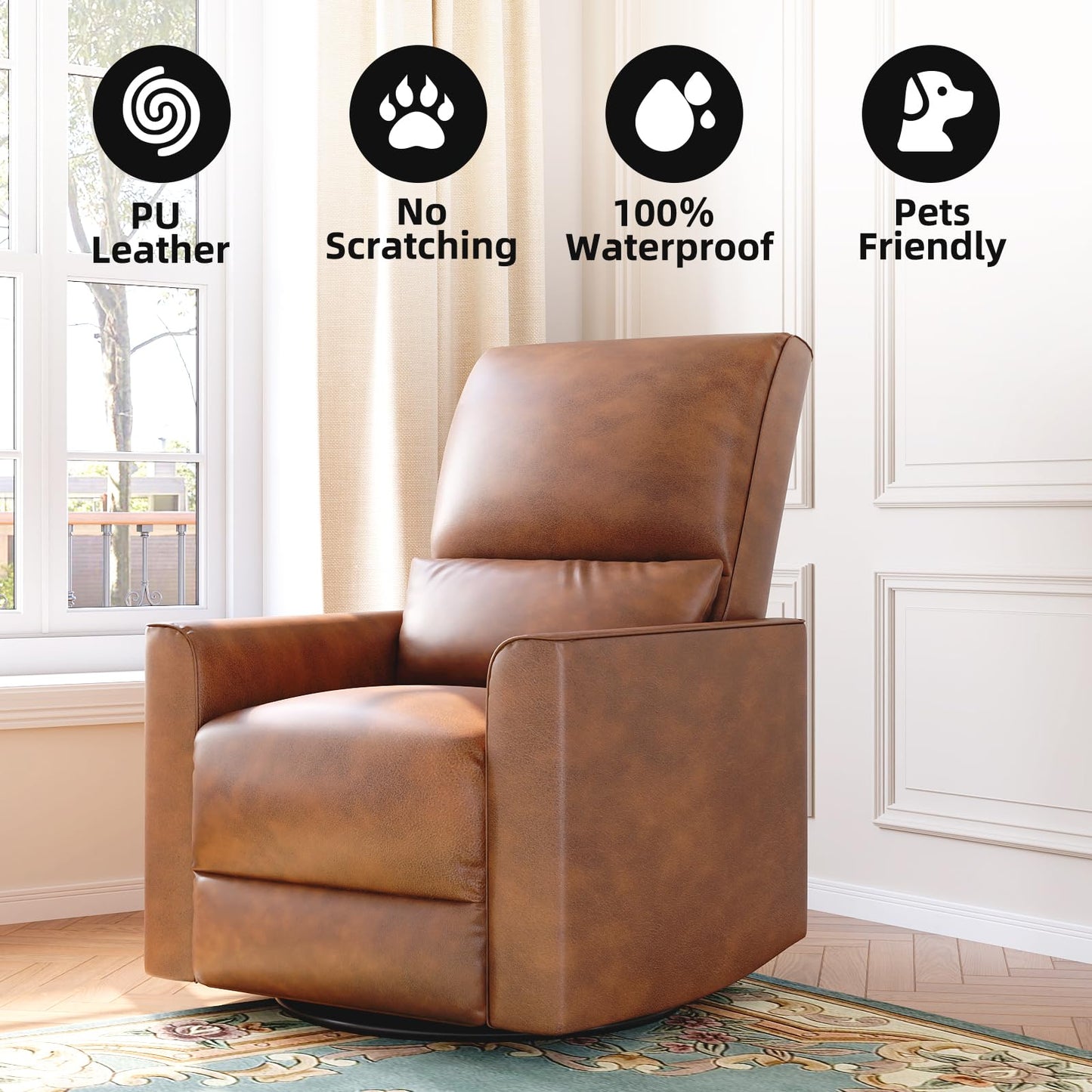 GAOMON Swivel Rocking Recliner Chair, Manual Leather Recliner Glider with Lumbar Support & Padded Armrest, Comfortable Rocker Nursery Single Sofa for Living Room and Bedroom (Brown)