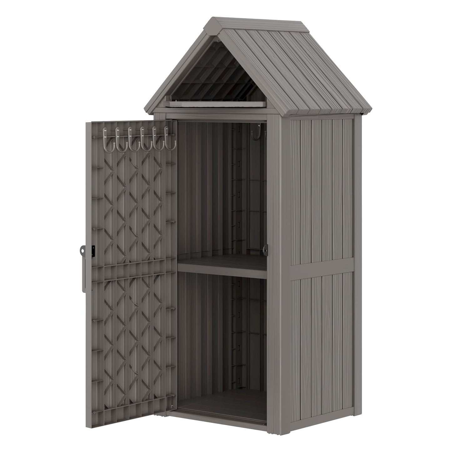 Bifanuo Deck Box Storage Shed Outdoor Storage Cabinet, Vertical Waterproof Resin Material Plastic Shed with Removable Shelves, 12 Hooks and Lock Ring for Garden, Pool and Patio (Grey)