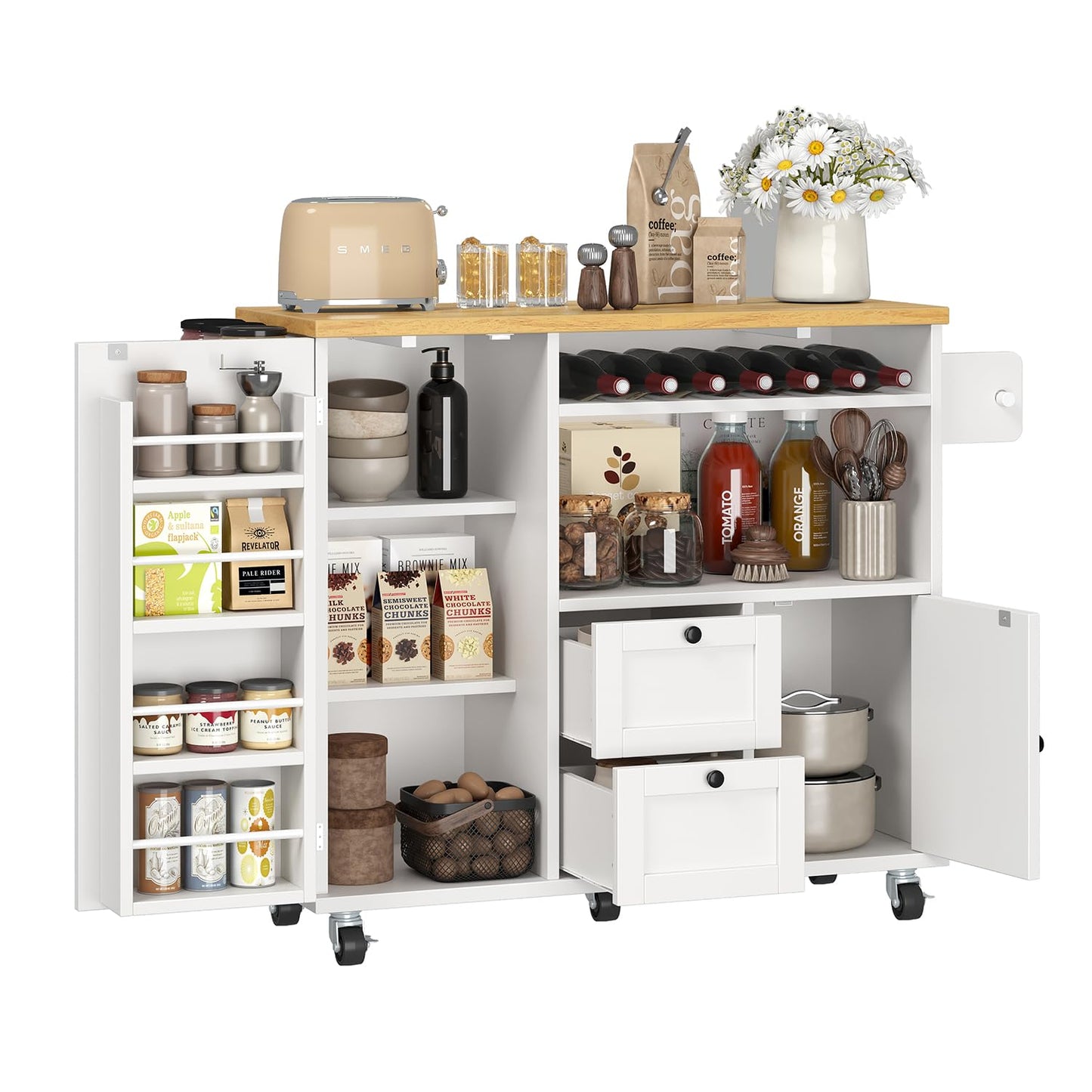 knoworld Rolling Kitchen Island with Storage Cabinet, 41.3'' Width Kitchen Cart with Desktop Drop Leaf Countertop, Portable Mobile Island with Towel Rack, Spice Rack Shelf, White