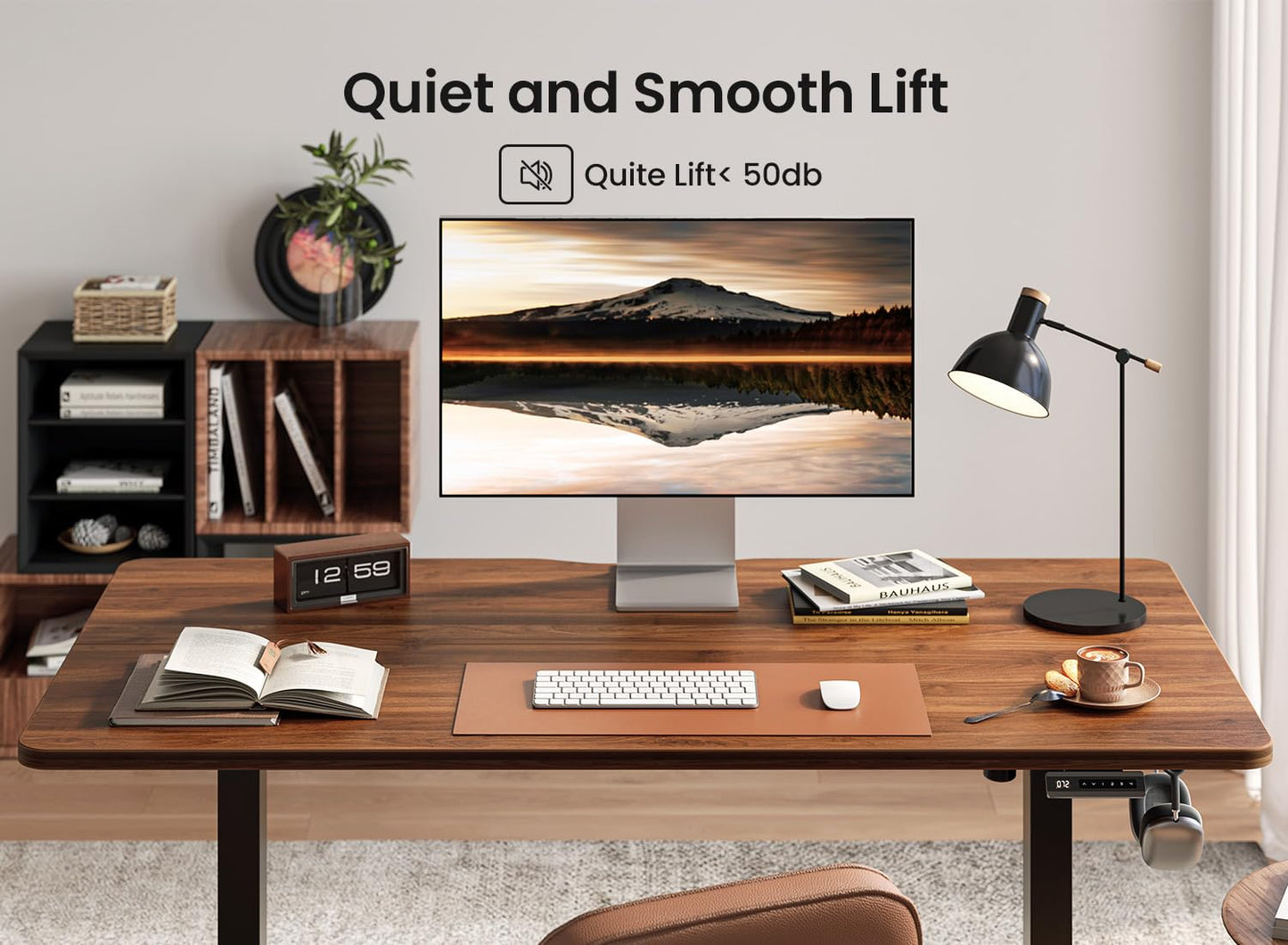 BANTI 55 × 28 Inches Standing Desk, Ergonomic, Electric Height Adjustable, Sit and Stand Up, Computer Desk with a Deeper Desktop, Black Frame/Black Walnut Top