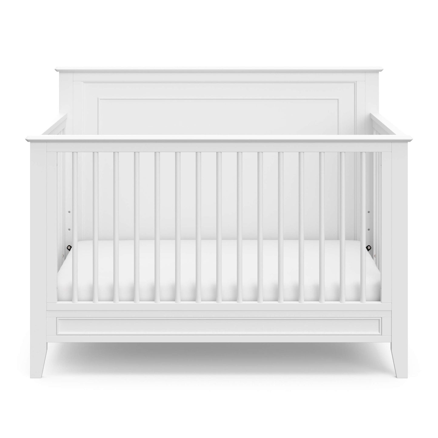 Storkcraft Solstice 5-In-1 Convertible Crib – GREENGUARD Gold Certified, Converts to Toddler Bed and Full-Size Bed, Fits Standard Full-Size Crib Mattress, Adjustable Mattress Support Base (White)