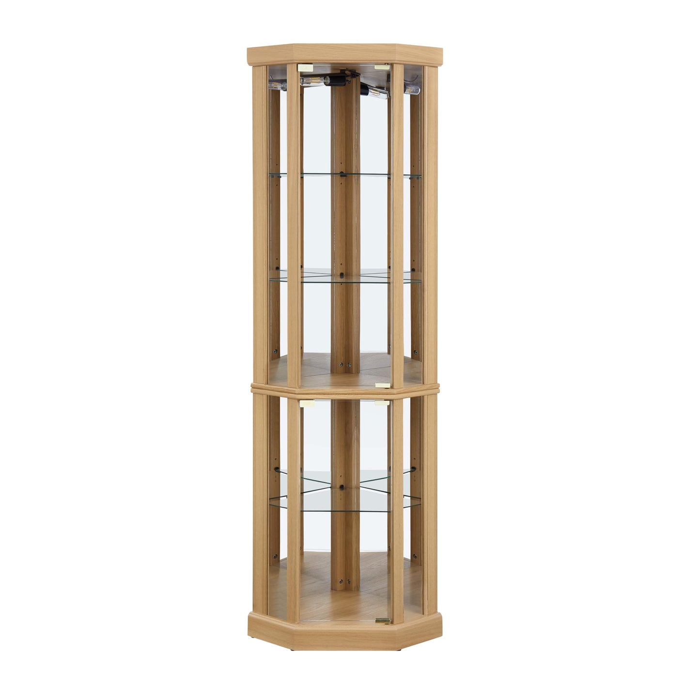 TRUNBACK Corner Curio Cabinet, 150lbs Heavy Duty Glass Display Cabinet with Light, 70" Tall 5-Tier Wine Bar China Cabinet with Tempered Glass Doors & Mirrored Back for Collectibles, Light Oak