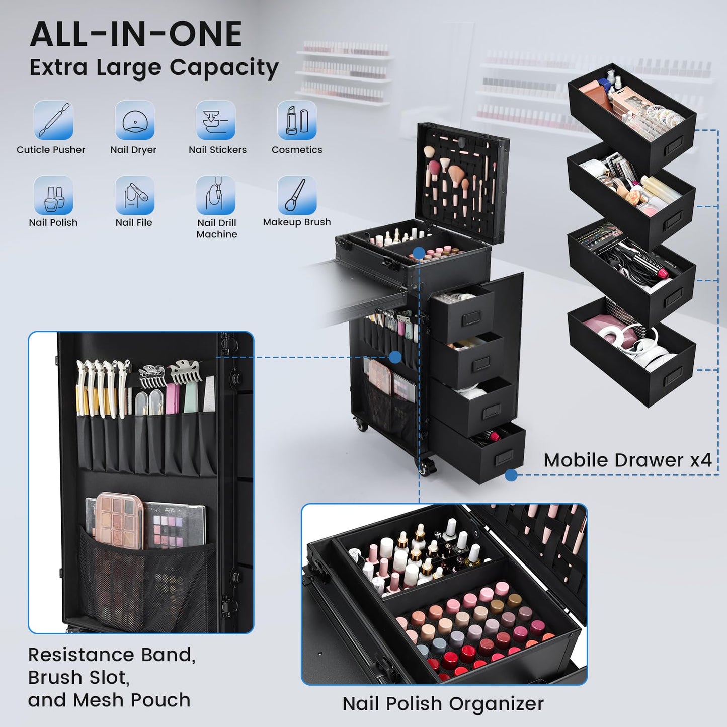 Joligrace Rolling Manicure Table with Pedicure Chair 4 Drawers Rolling Makeup Case Foldable Nail Desk Cosmetology Case on Wheels Brush Pouch Mirror Nail Kits Technician Workstation Artist Trolley