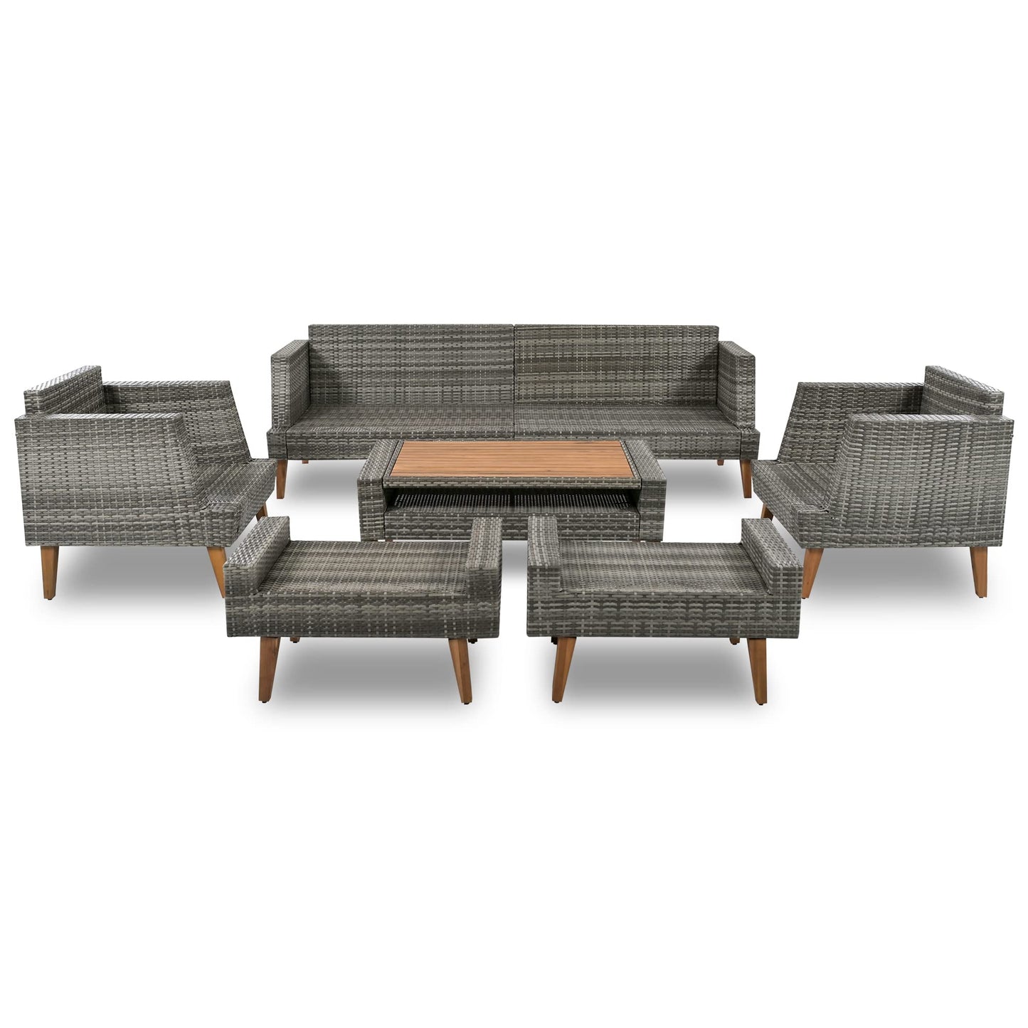 Merax 6-Piece Wicker Patio Sofa Set, Outdoor Rattan Conversation Set with Double Cushions, Solid Wood Legs and Wood Table Top