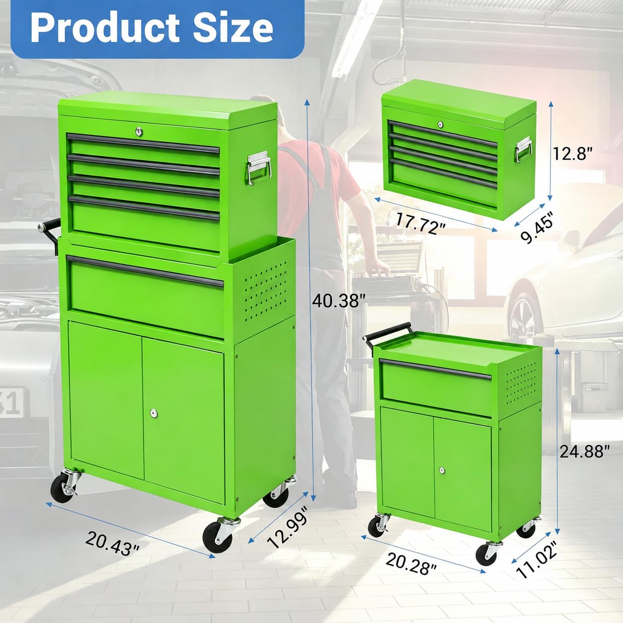 Garvee Large Capacity 20-Inch 5-Drawer Rolling Tool Chest & Cabinet - 2-in-1 Detachable Metal Organizer with Lockable Wheels, Lock Bar, Tool Rack & Liner for Garage & Workshop - Green