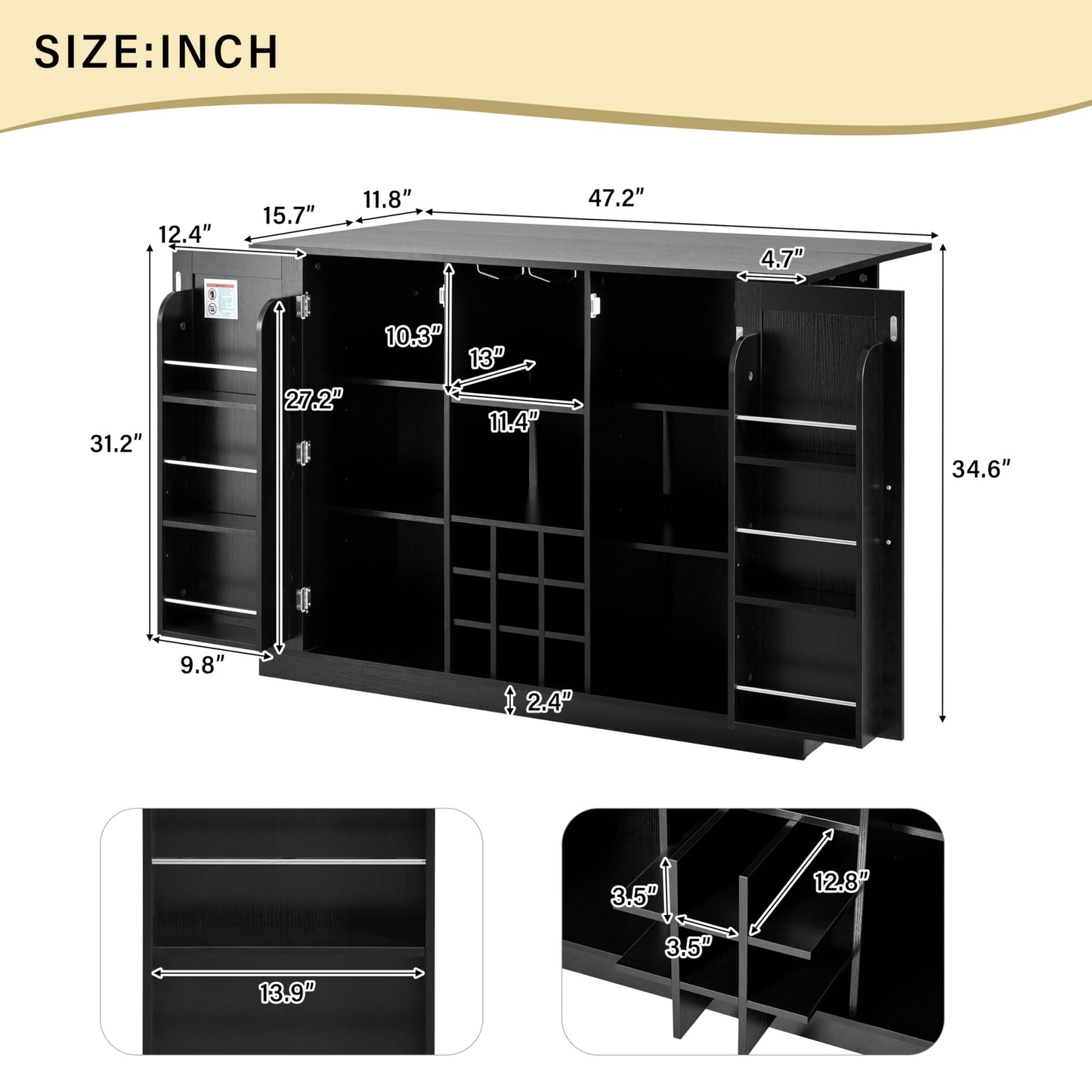 Merax Kitchen Island with Extendable Dining Table & Power Outlet, Wood Wine Bar Cabinet with Bottle Rack & Glass Holder, Coffee Bar, 2-Door Buffet Sideboard with Side Shelves, Black