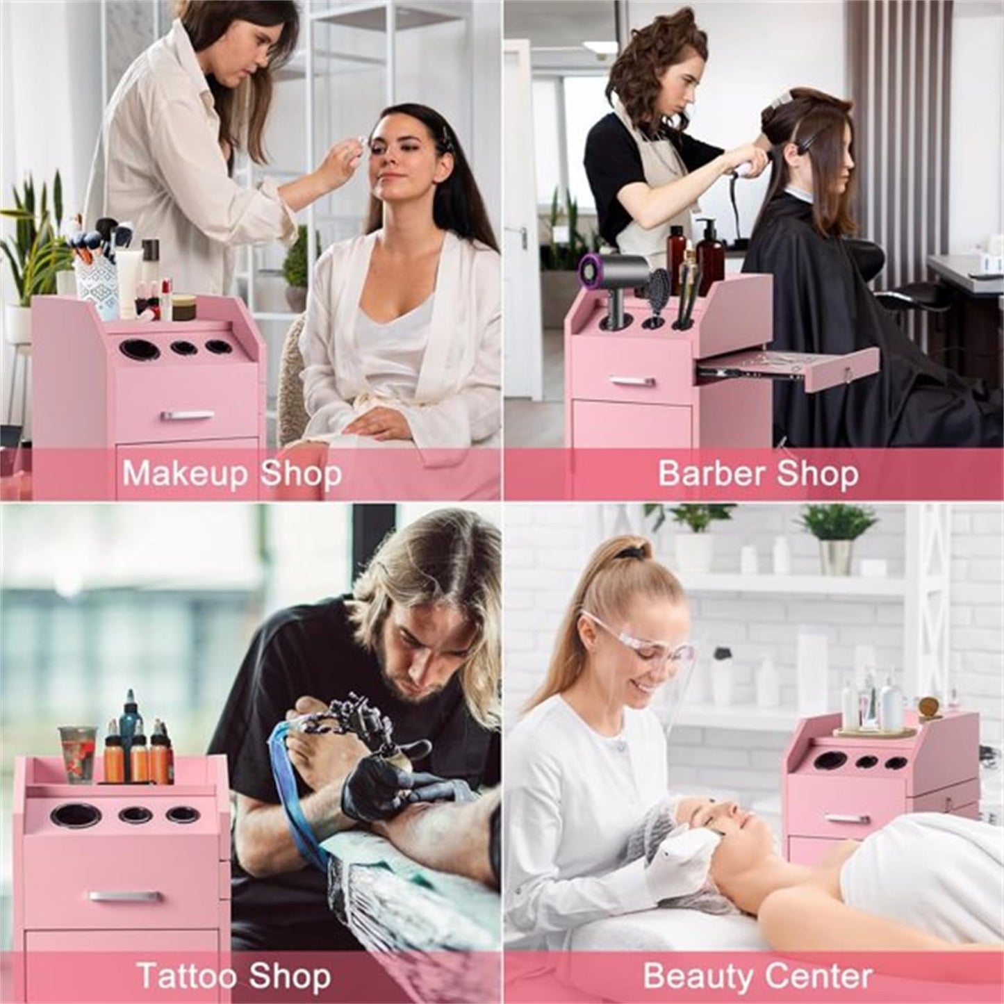 CUIYMXSC Salon Storage Cabinet, Hairdressing Tools Station, with 3 Hair Dryer Holders, 4 Drawers, 1 Lockable Cabinet, Salon Trolley Cart Mobile Barber Station for Beauty Spa Barbershop