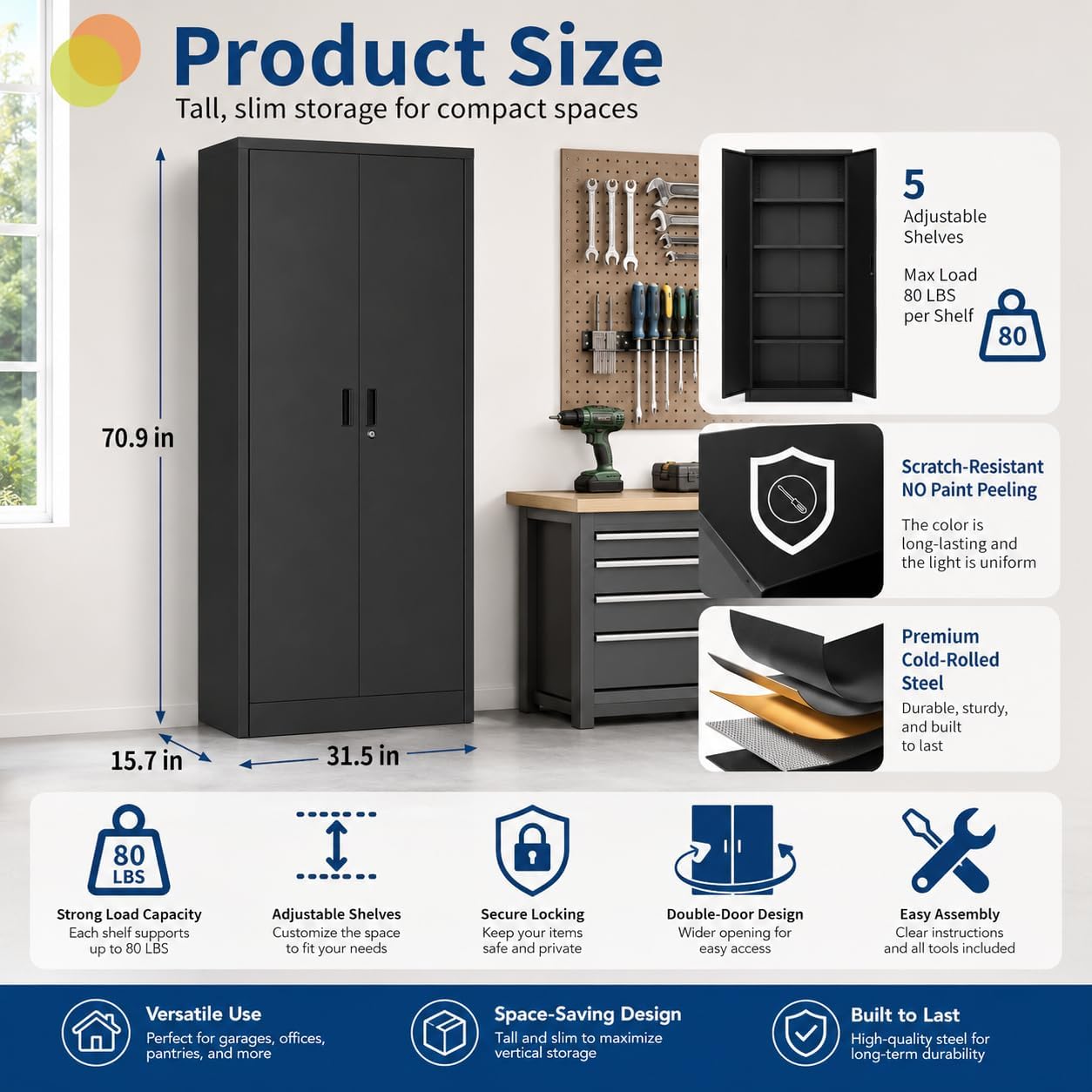 GarveeHome 71in Heavy-Duty Locking Steel Storage Cabinet, Double Doors, Four Adjustable Shelves, for Garage Pantry Office Workshop, Black