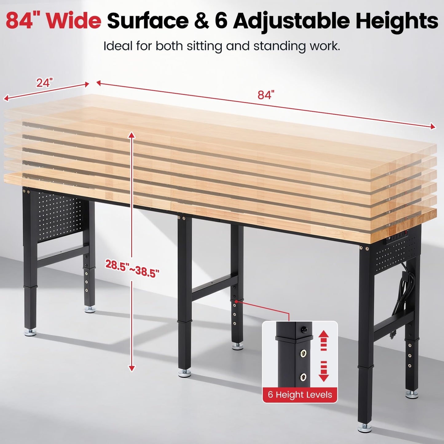 ENJOYWOOD Workbench 84 Inch Heavy Duty Rubber Wood Top Work Bench Adjustable Height Work Table 5000 Lbs Load Capacity with Power Outlets & Extended Pegboard for Garage, Home, Office