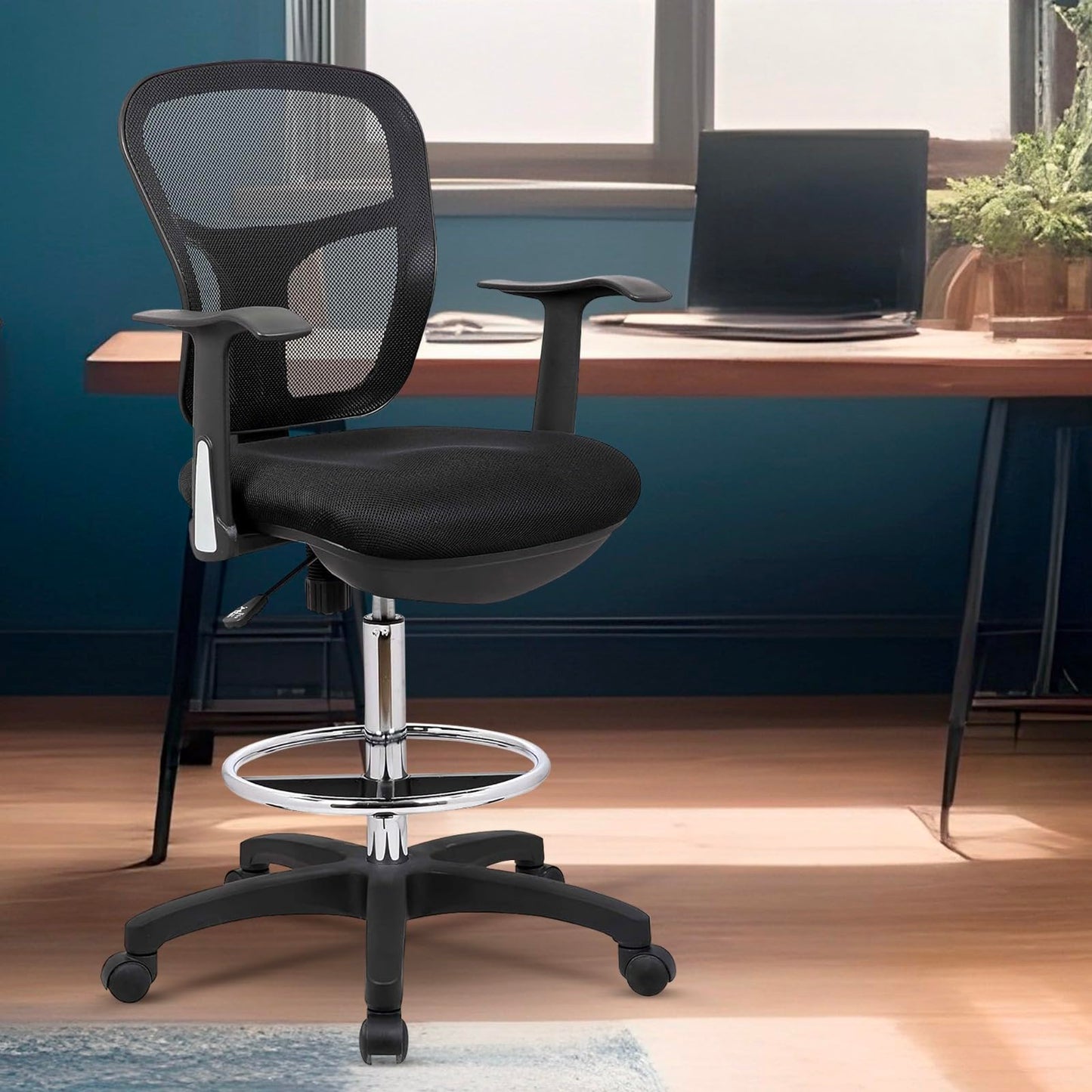 OfficeFactor Drafting Chair Tall Office Chair with Arms Executive Ergonomic Standing Desk Chair with Anti Scratch Wheels and Footrest