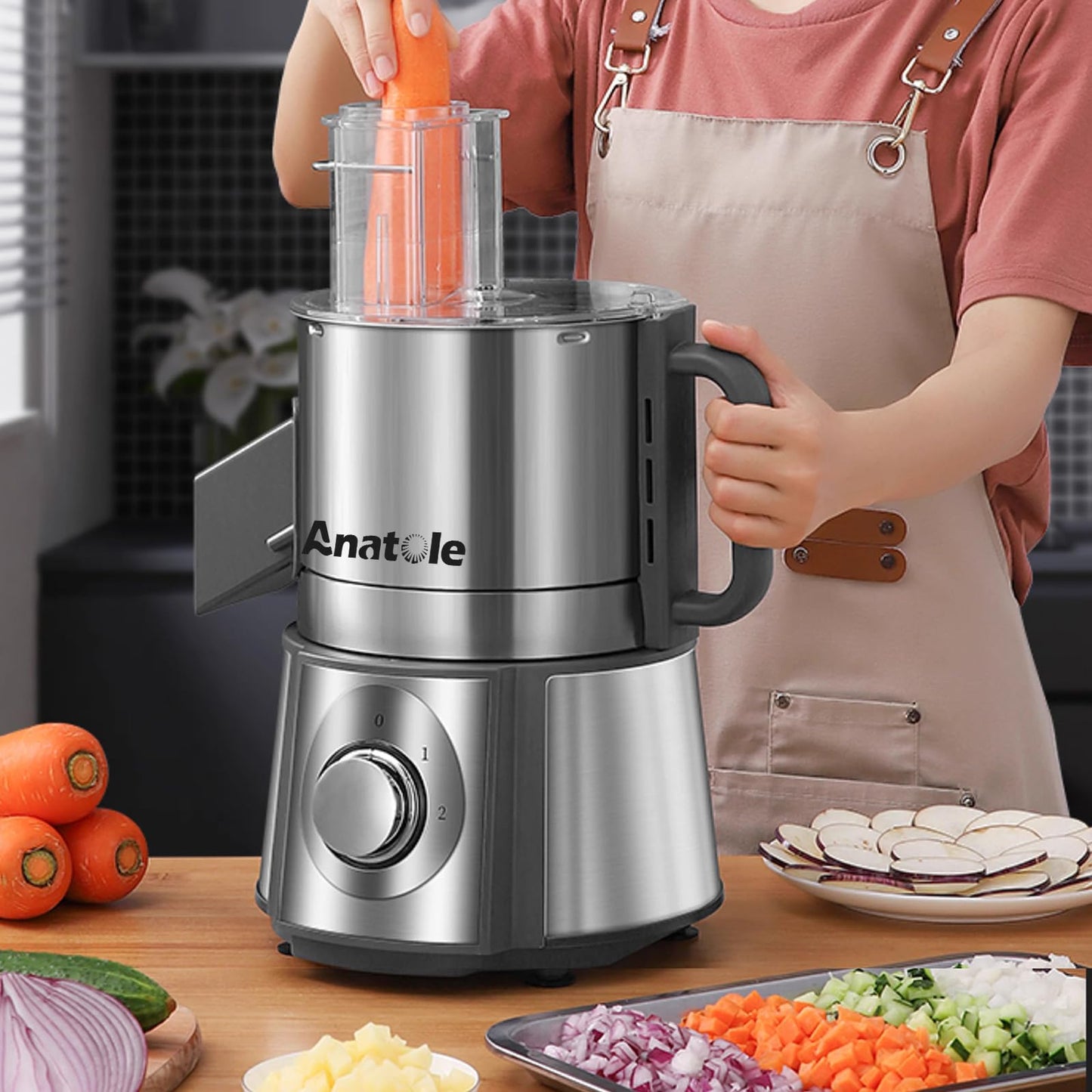 Anatole Electric Vegetable Dicer Slicer Shredder 5 in 1 Commercial Food Processor 16-Cup Stainless Steel Veggie Chopper Heavy Duty with 5 Blades Auto Discharge for Potato Onion Carrot 300W