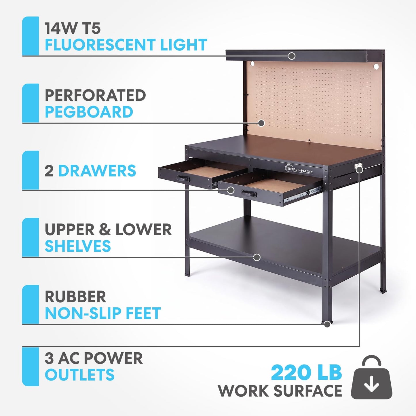Simpli-Magic 48-Inch Workbench with Power Outlets and Light, Large Capacity 500LBS Evenly Distributed